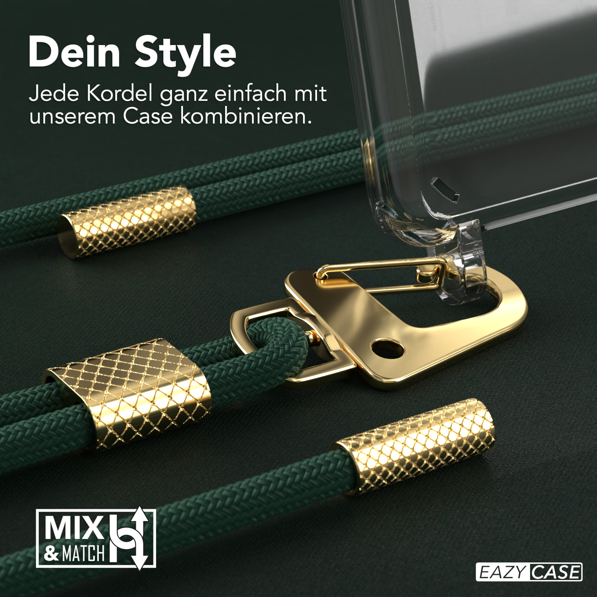 Nahaufnahme von Handyhüllenelementen: ein grüner Seilriemen und goldfarbene Metallakzente.