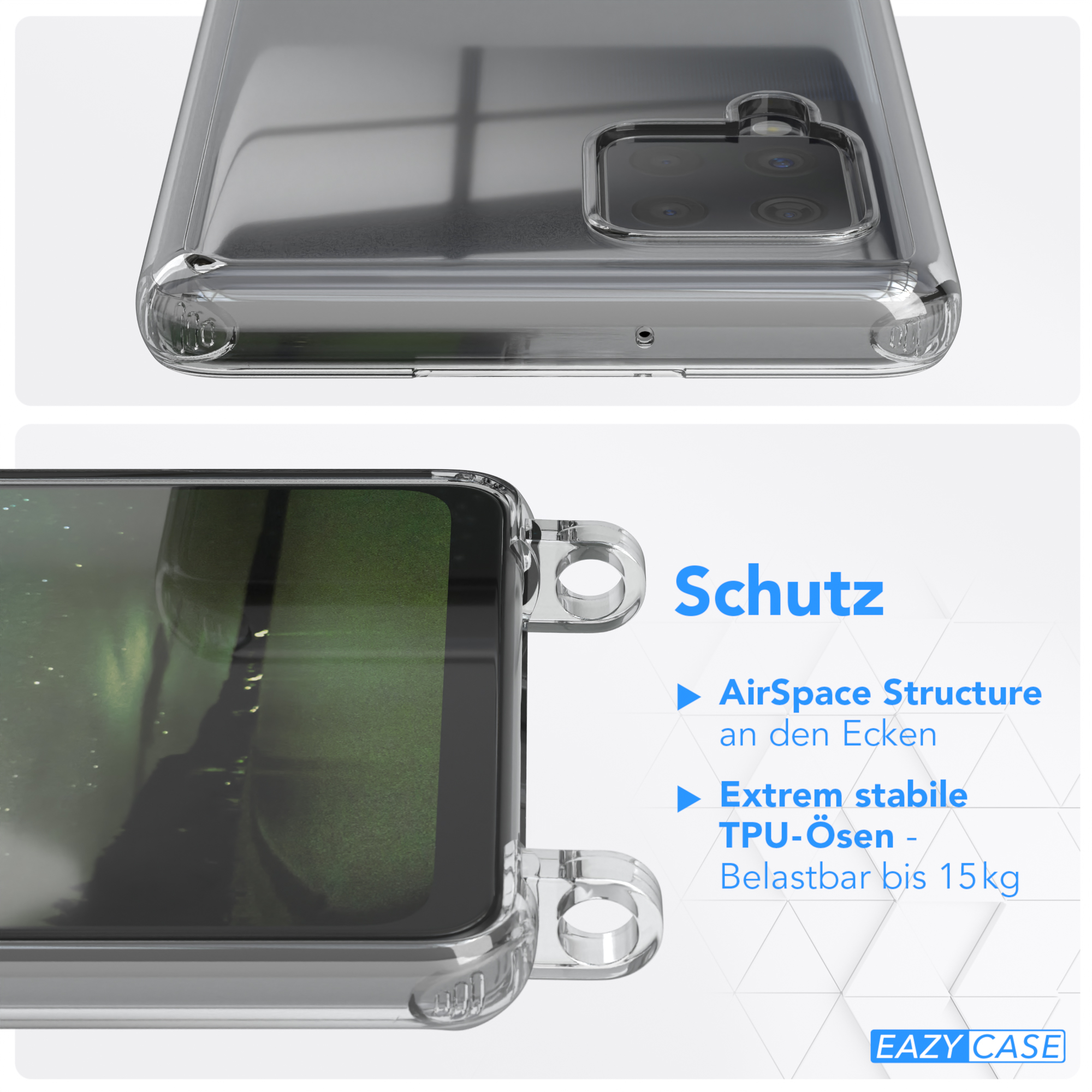 Transparente Handyhülle, die Rückseite des Telefons zeigt. AirSpace-Struktur an Ecken und stabiles TPU. Text: 'Schutz'.