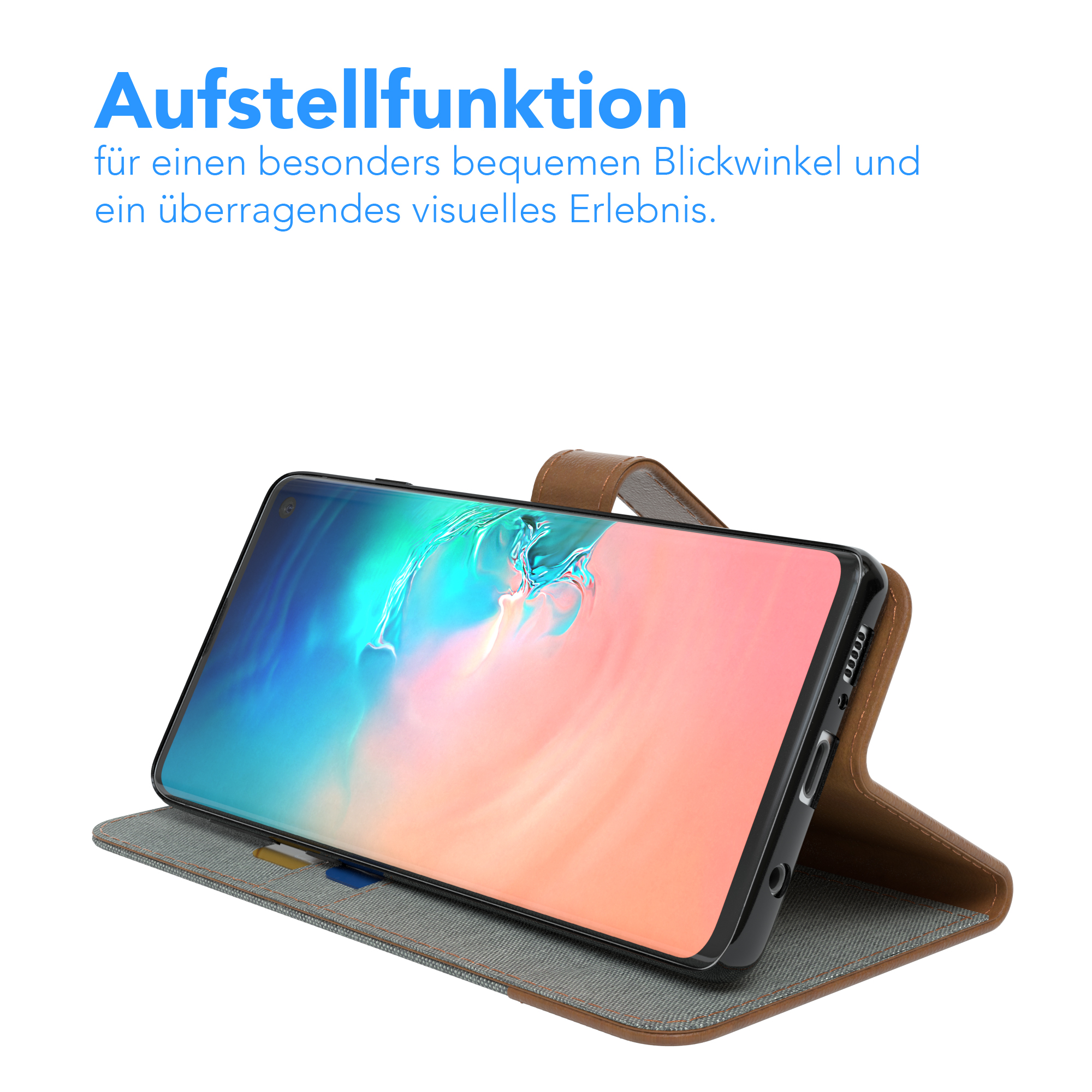 Telefon in brauner Hülle, geöffnet. Text oben. Helles rosa und weißer Bildschirm. Grauer Hintergrund.