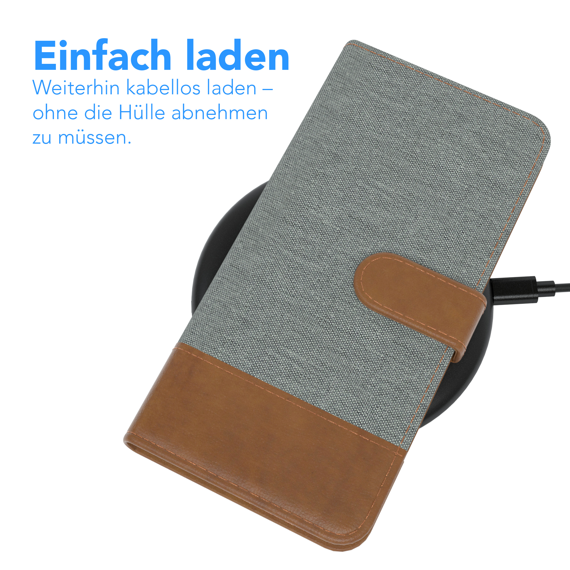 Handyhülle auf kabellosem Ladegerät. Grau-braune Hülle. Text: Einfach laden.