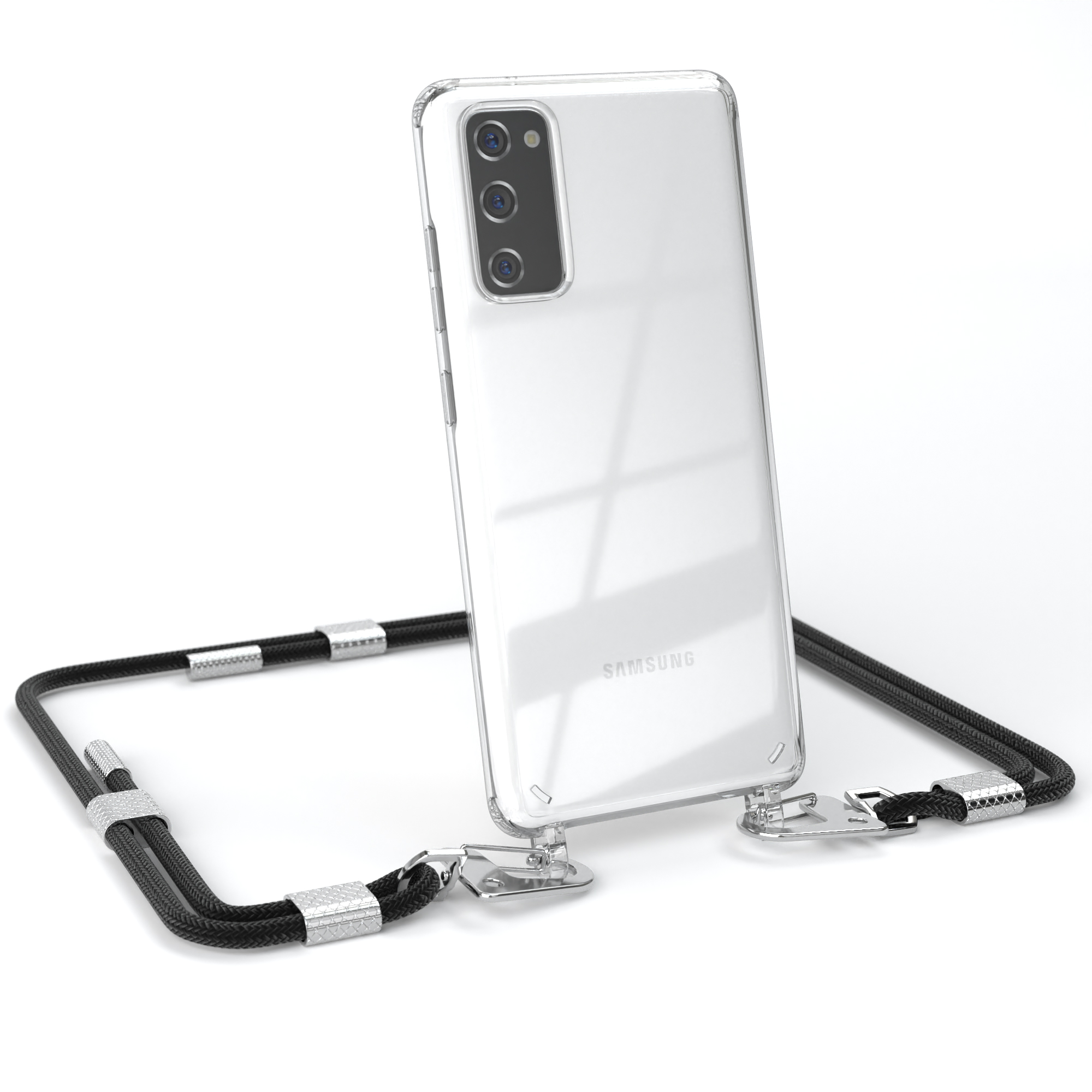 EAZY CASE Transparente Handyhülle Umhängetasche, Kordel + S20, / Silber Schwarz runder Samsung, mit Karabiner, Galaxy