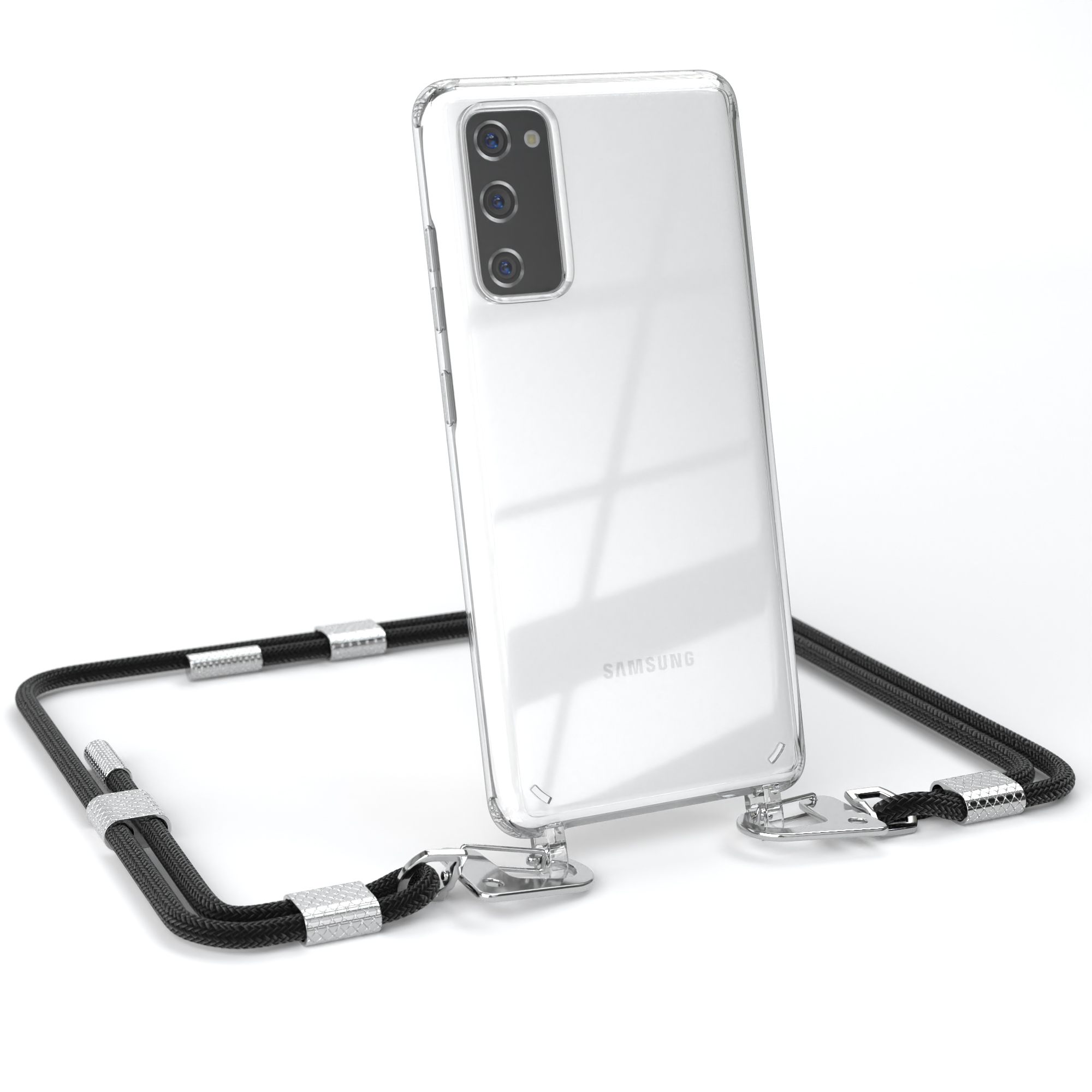Klares Telefon mit schwarzem Schlüsselband. Telefon hat drei Kameras. Weißer Hintergrund.