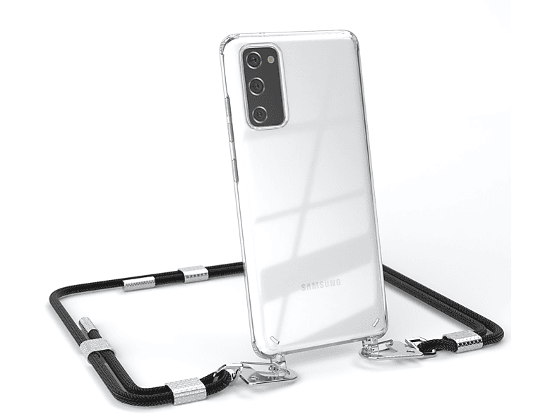 EAZY CASE Transparente Handyhülle mit Samsung, Umhängetasche, / Karabiner, Schwarz Galaxy Kordel + S20, Silber runder