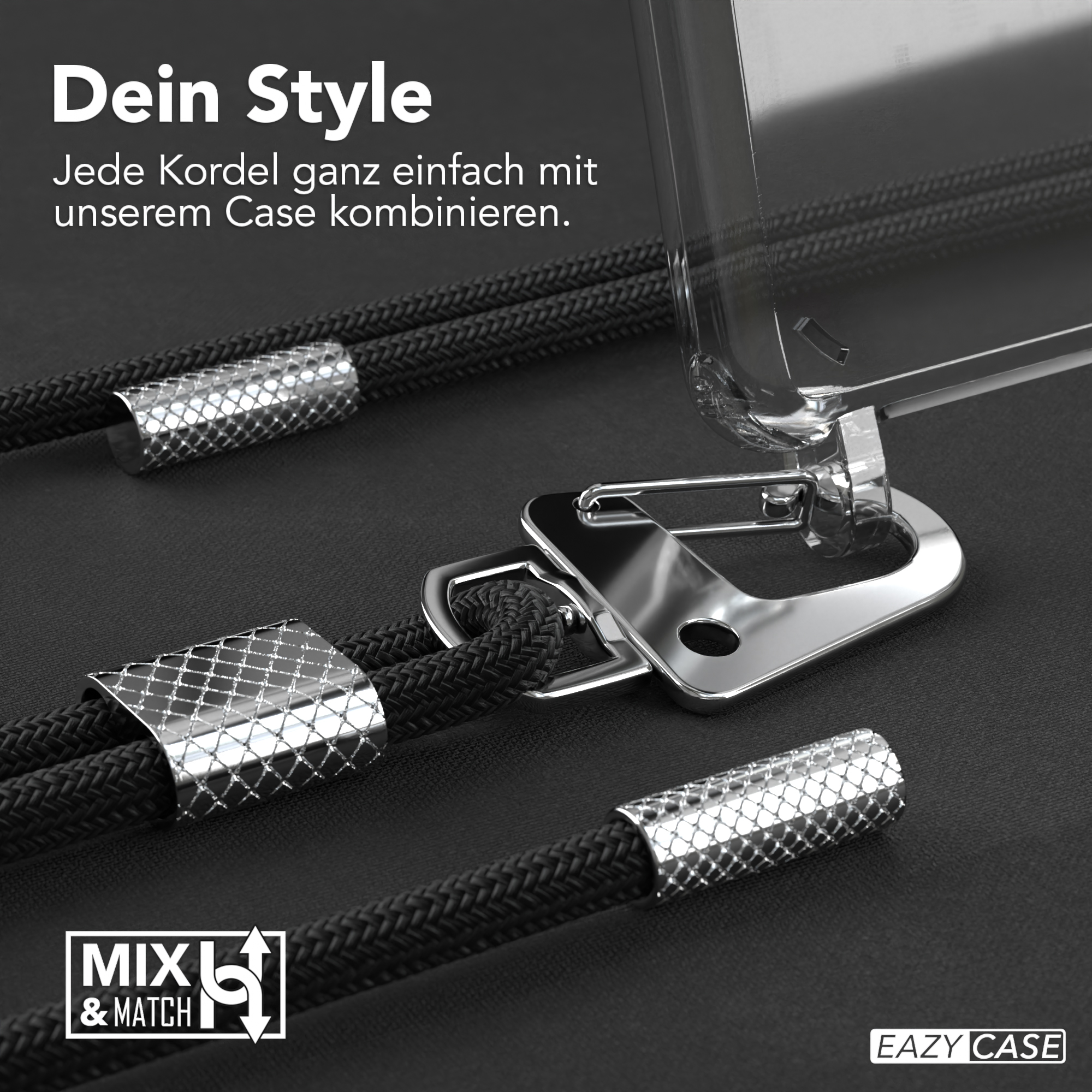 Nahaufnahme einer Handyhülle mit schwarzem Kordel und silbernen Akzenten. Text: Dein Style.