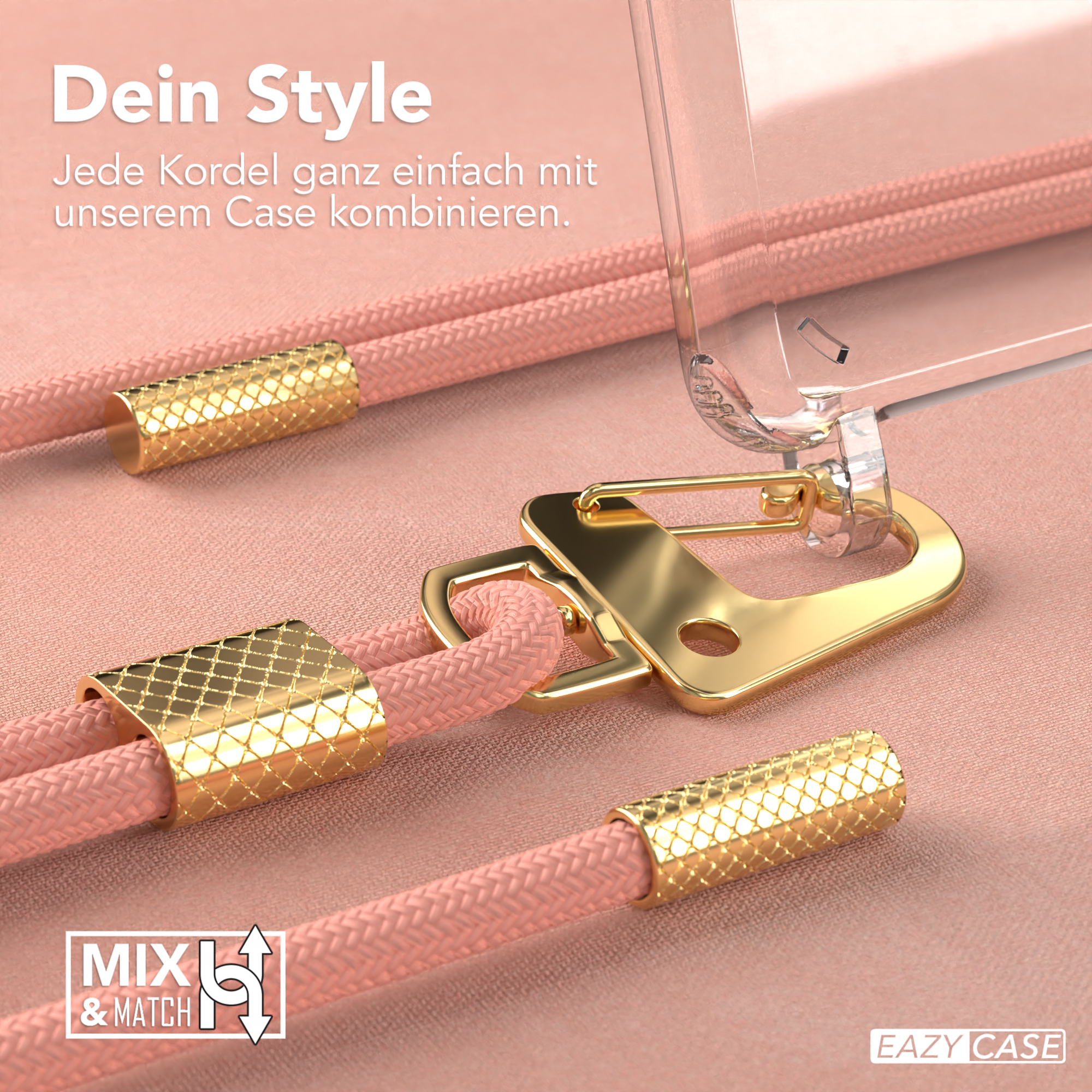 Nahaufnahme eines Telefon-Lanyards mit rosa Kordel und goldenen Details. Text: Kombinieren Sie jeden Kordel mit unserer Hülle.