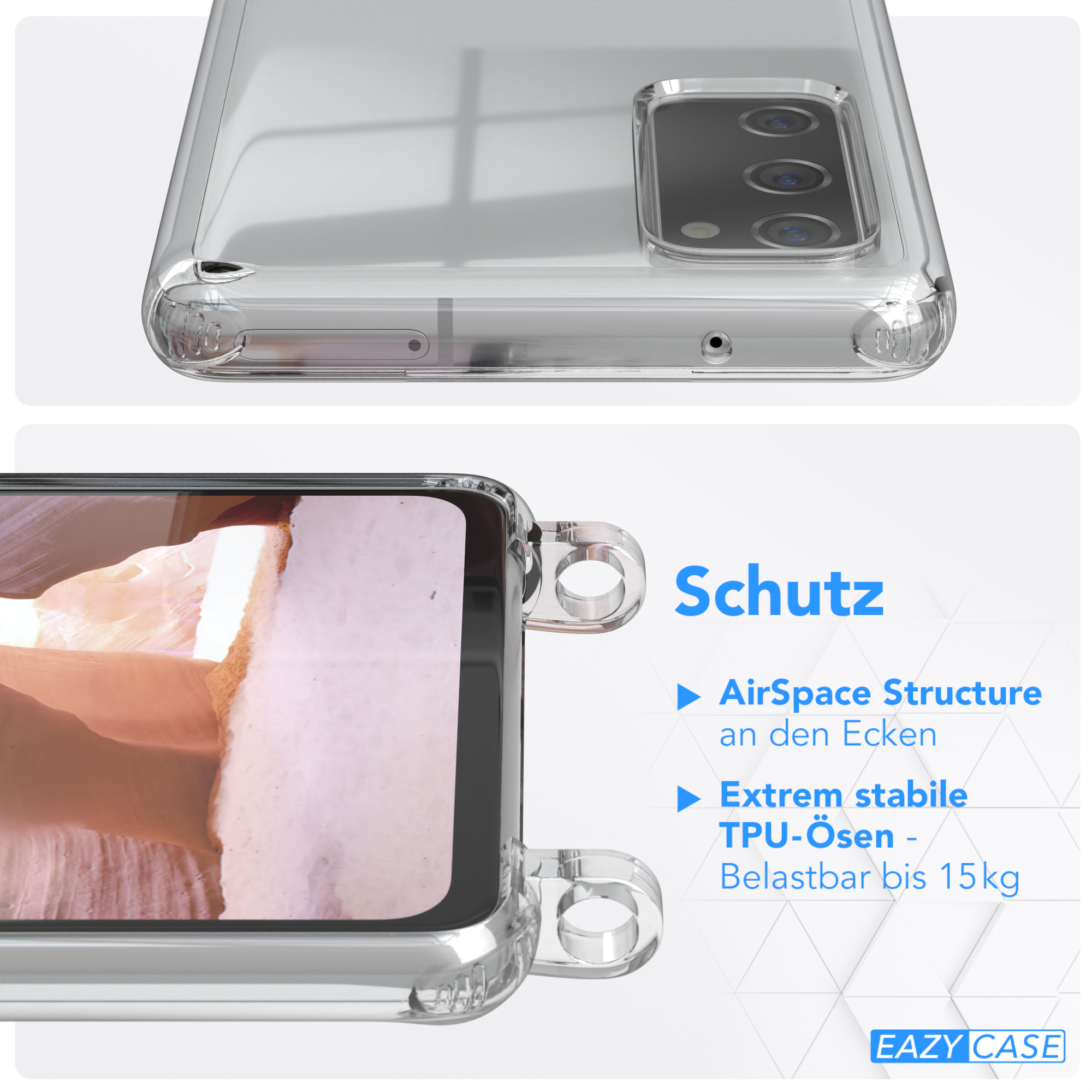 Nahaufnahme einer Handyhülle mit einem Telefon darin. Transparente Hülle, Branding sichtbar.
