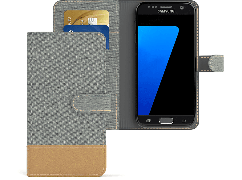 Hell Samsung, CASE Kartenfach, mit S7, Bookcover, Galaxy EAZY Jeans Grau Klapphülle Bookstyle