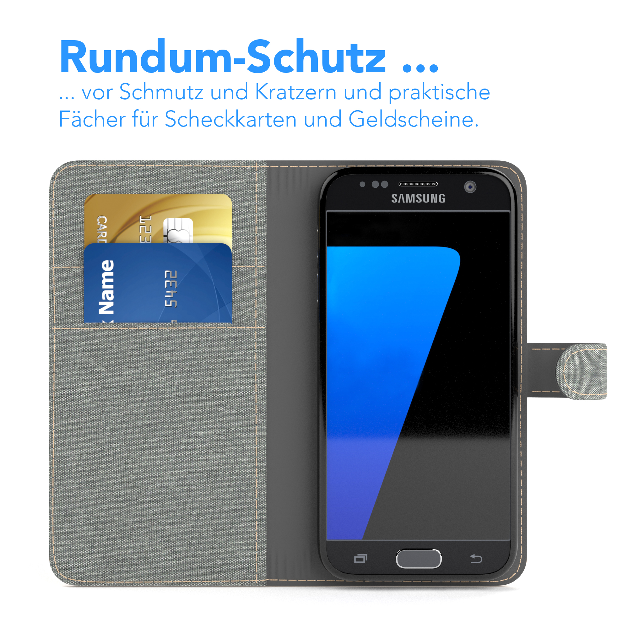 Handyhülle mit Kreditkarten in Taschen und einem Telefon.
