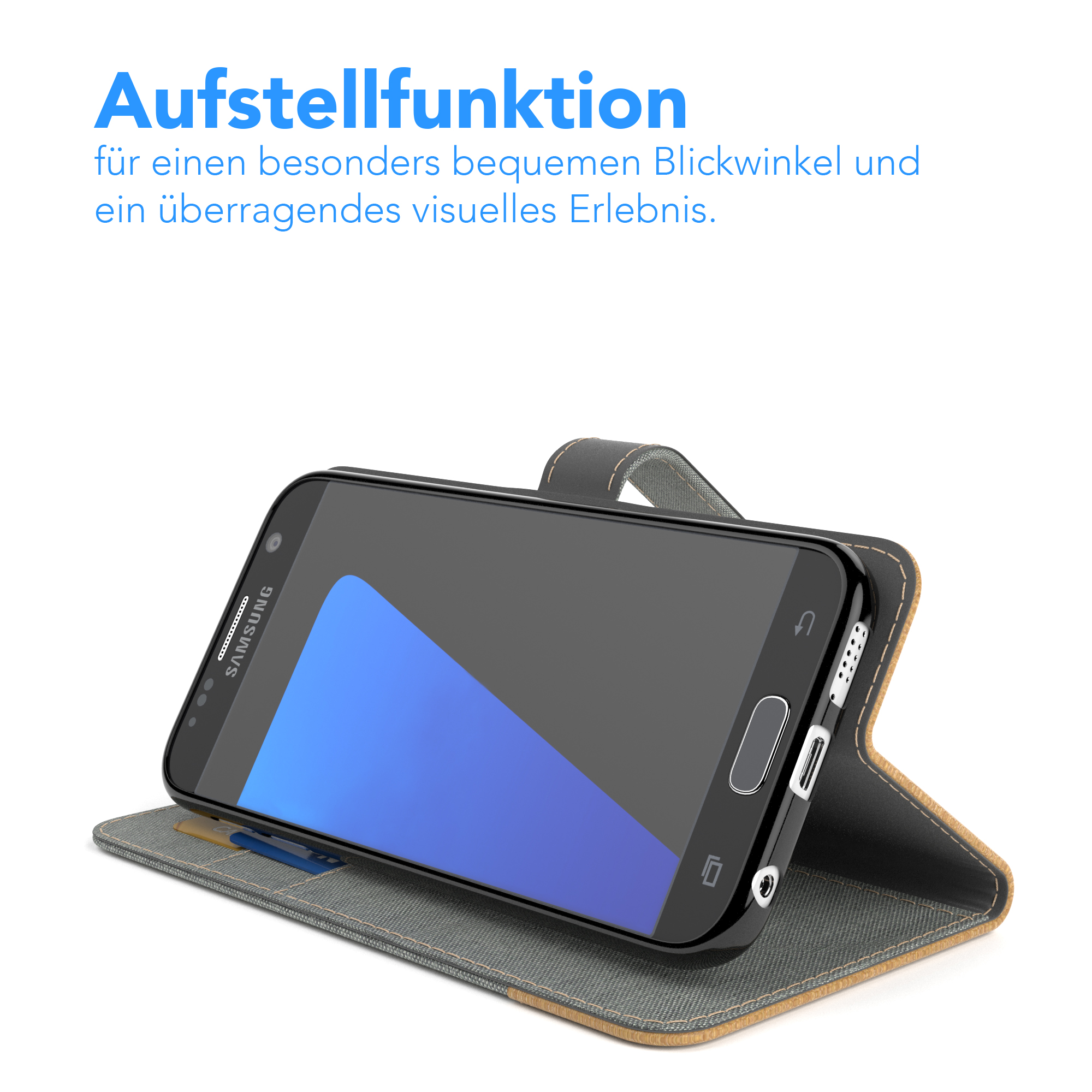 Eine Handyhülle mit einem Telefon darin, in einem Winkel aufgestellt.