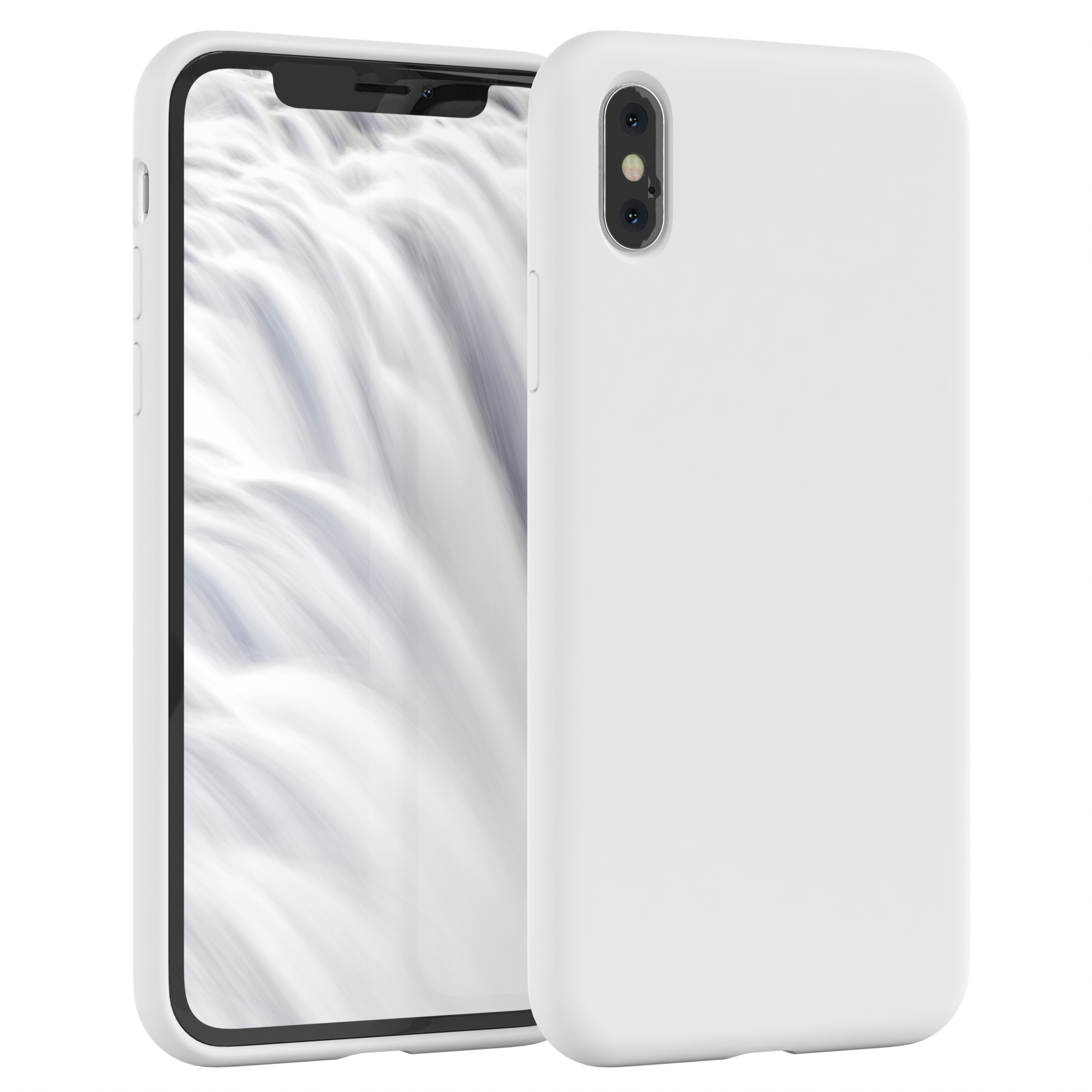 Weißes Telefon mit Wellenanzeige und weißer Handyhülle.