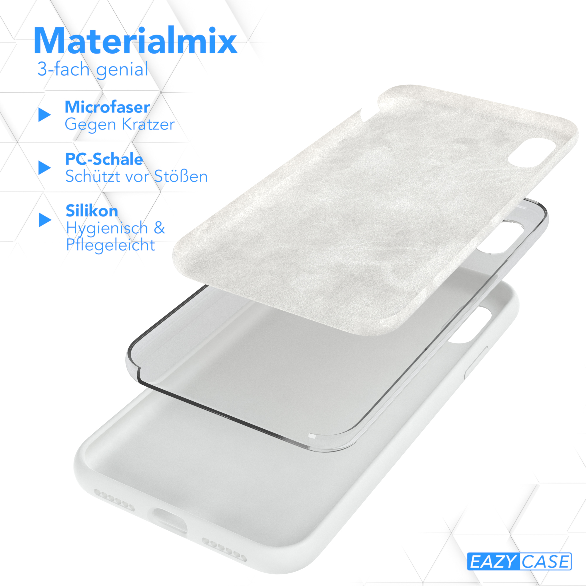 Handyhülle-Schichten in Weiß, Transparent und Weiß, mit Text zu Materialien.