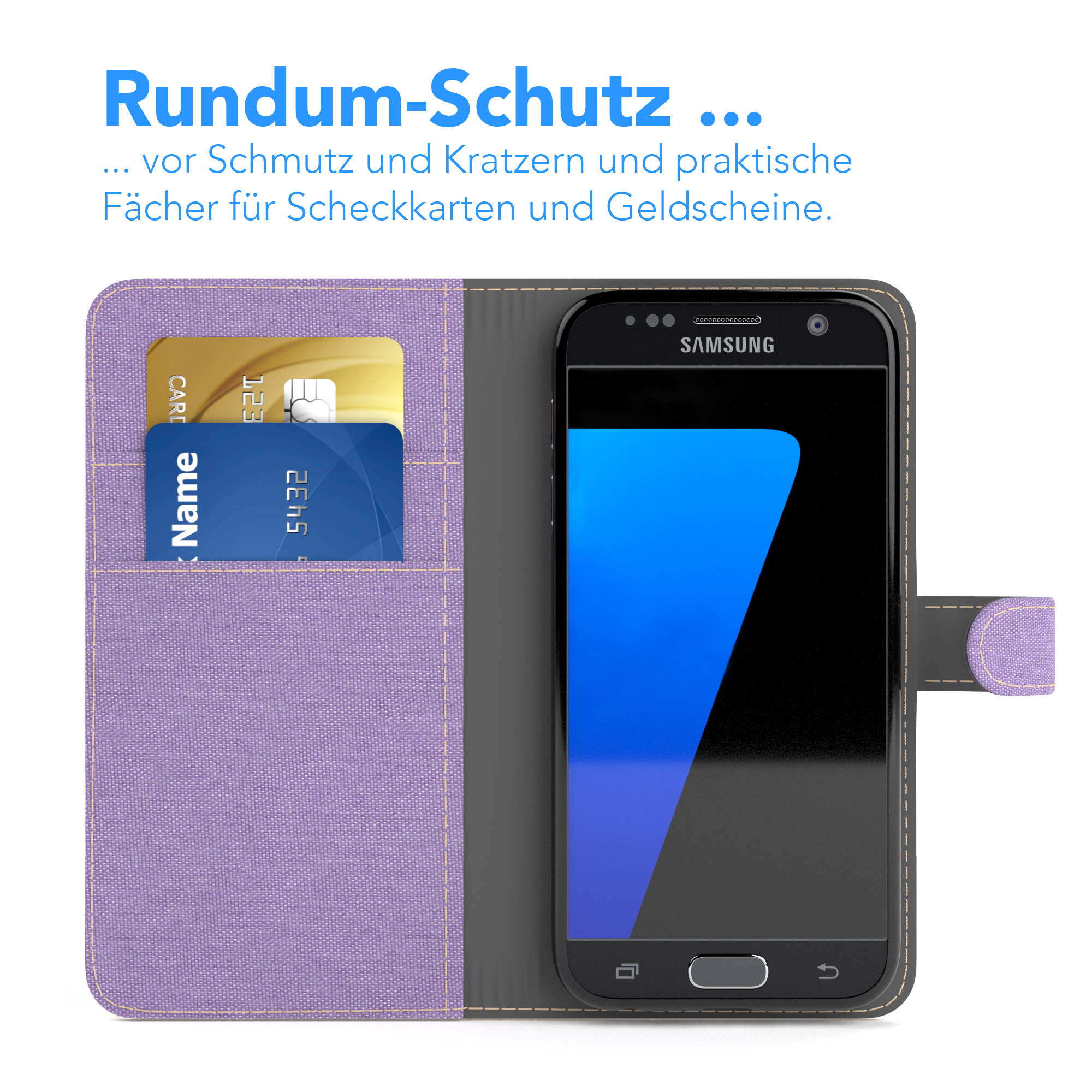 Handyhülle mit Kartenfächern und Textüberlagerung. Lila Hülle, schwarzes Telefon.