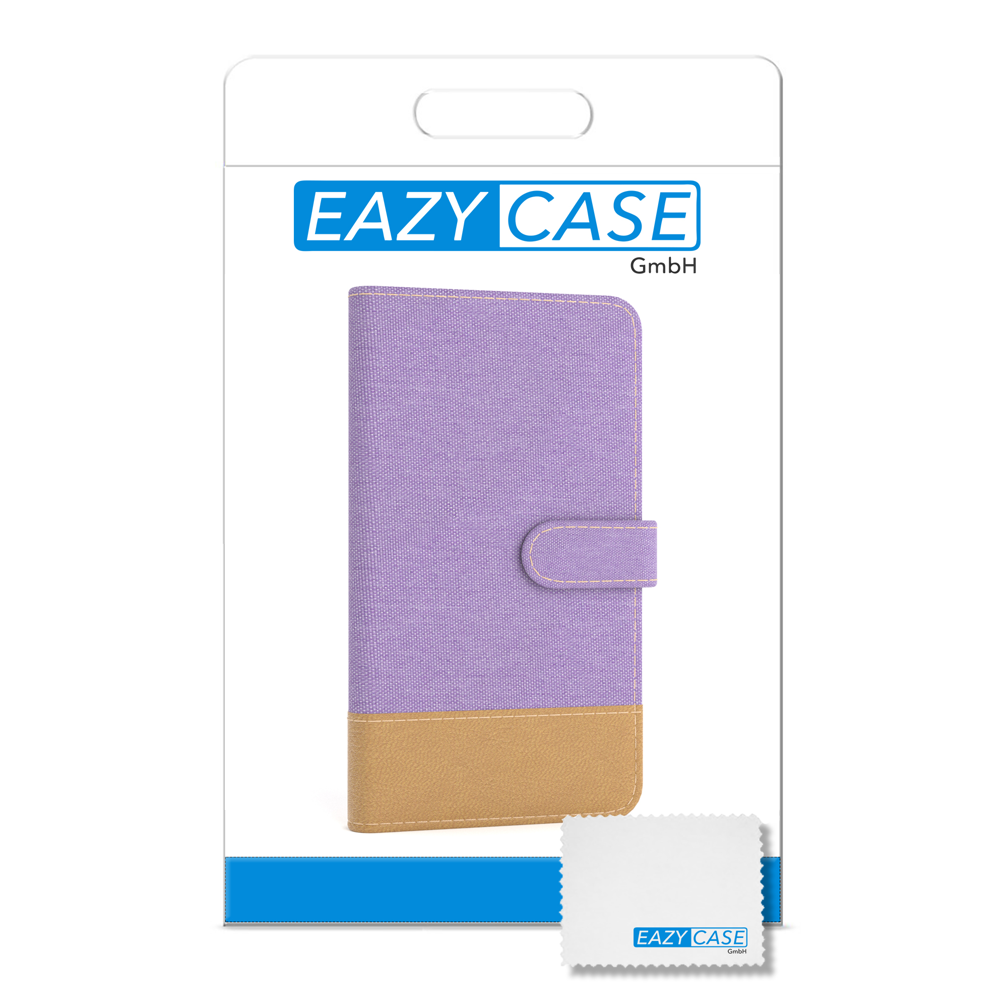 Handyhüllenverpackung, lila und beige Hülle. Text: EAZY CASE.