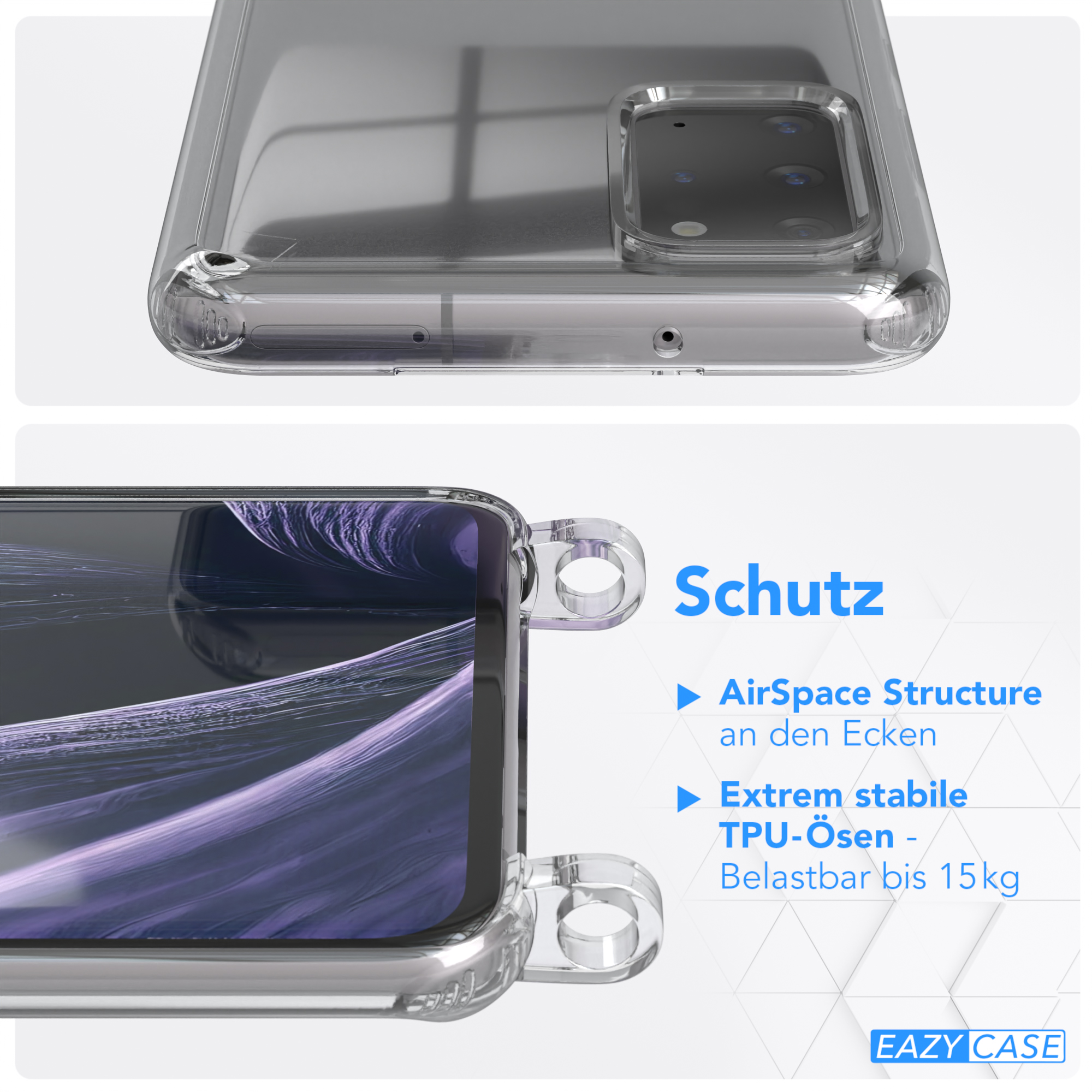 EAZY CASE Transparente Handyhülle mit S20 5G, Karabiner, Gold Umhängetasche, Lila Plus runder Samsung, Flieder Plus + S20 Kordel / / Galaxy
