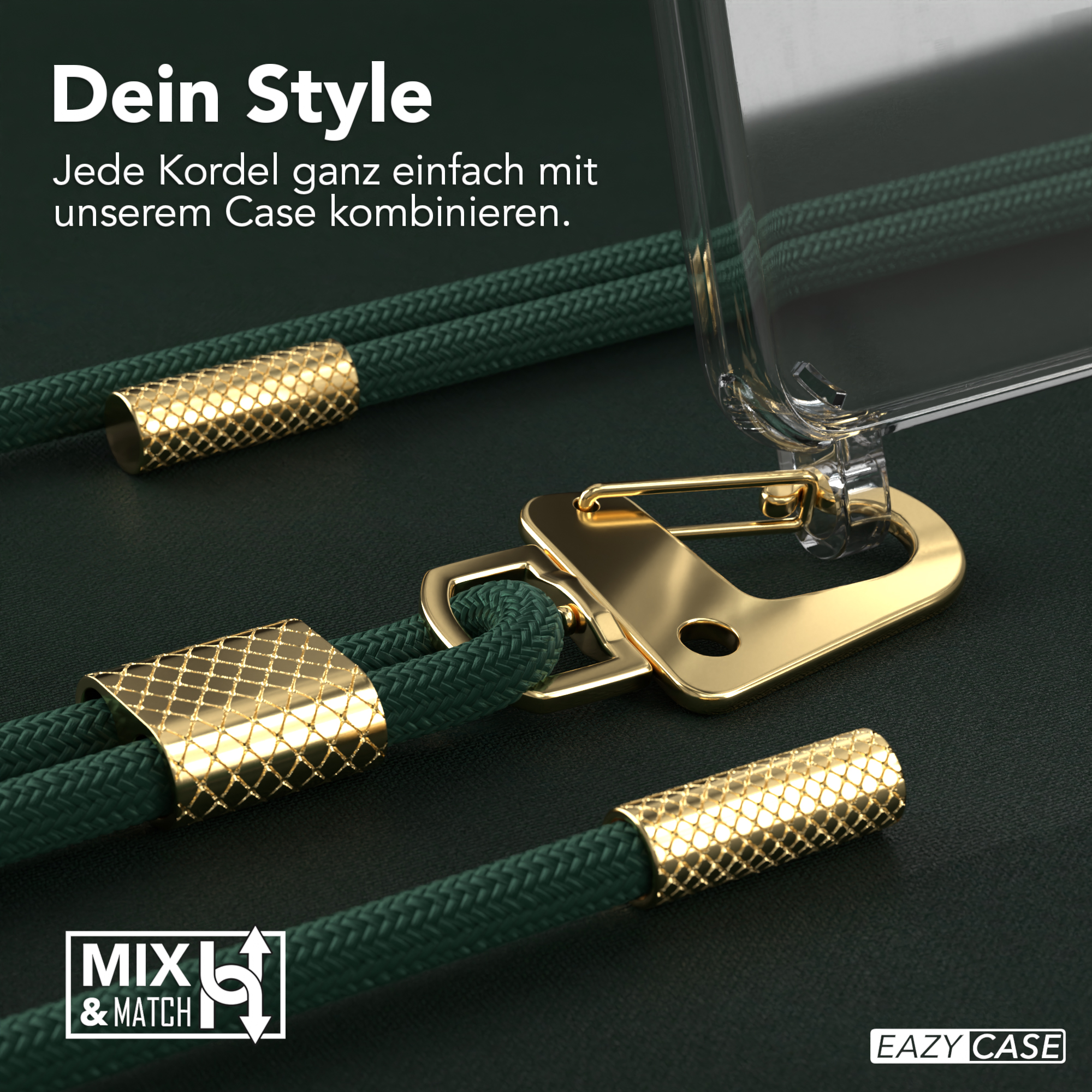 Nahaufnahme einer grünen Telefonschnur mit goldenen Steckern. Klare Handyhülle ist an der Schnur befestigt.