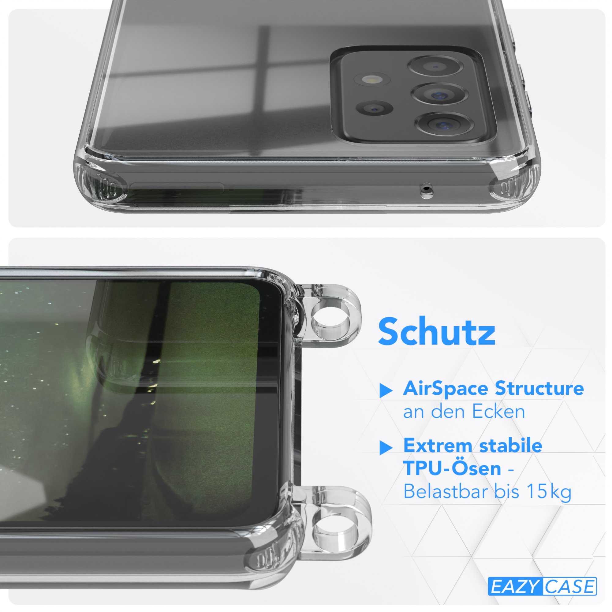 Transparente Handyhülle. Nahaufnahme der Kanten und Ecken. Schwarzes Telefon. Weißer Hintergrund.