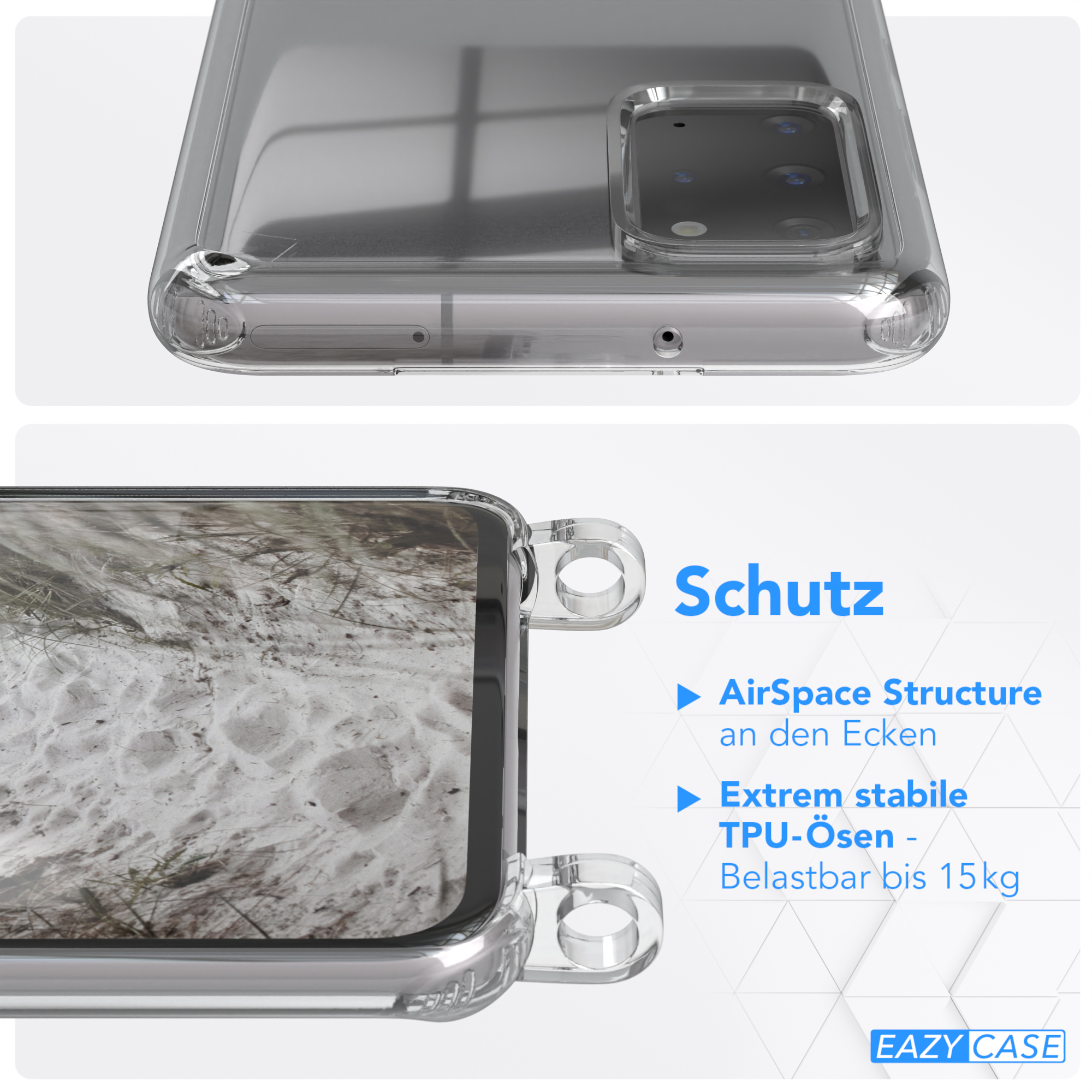 Plus EAZY / CASE mit S20 Samsung, Umhängetasche, Galaxy Matt Plus runder Taupe + 5G, Beige / Transparente S20 Kordel Handyhülle Karabiner, Gold