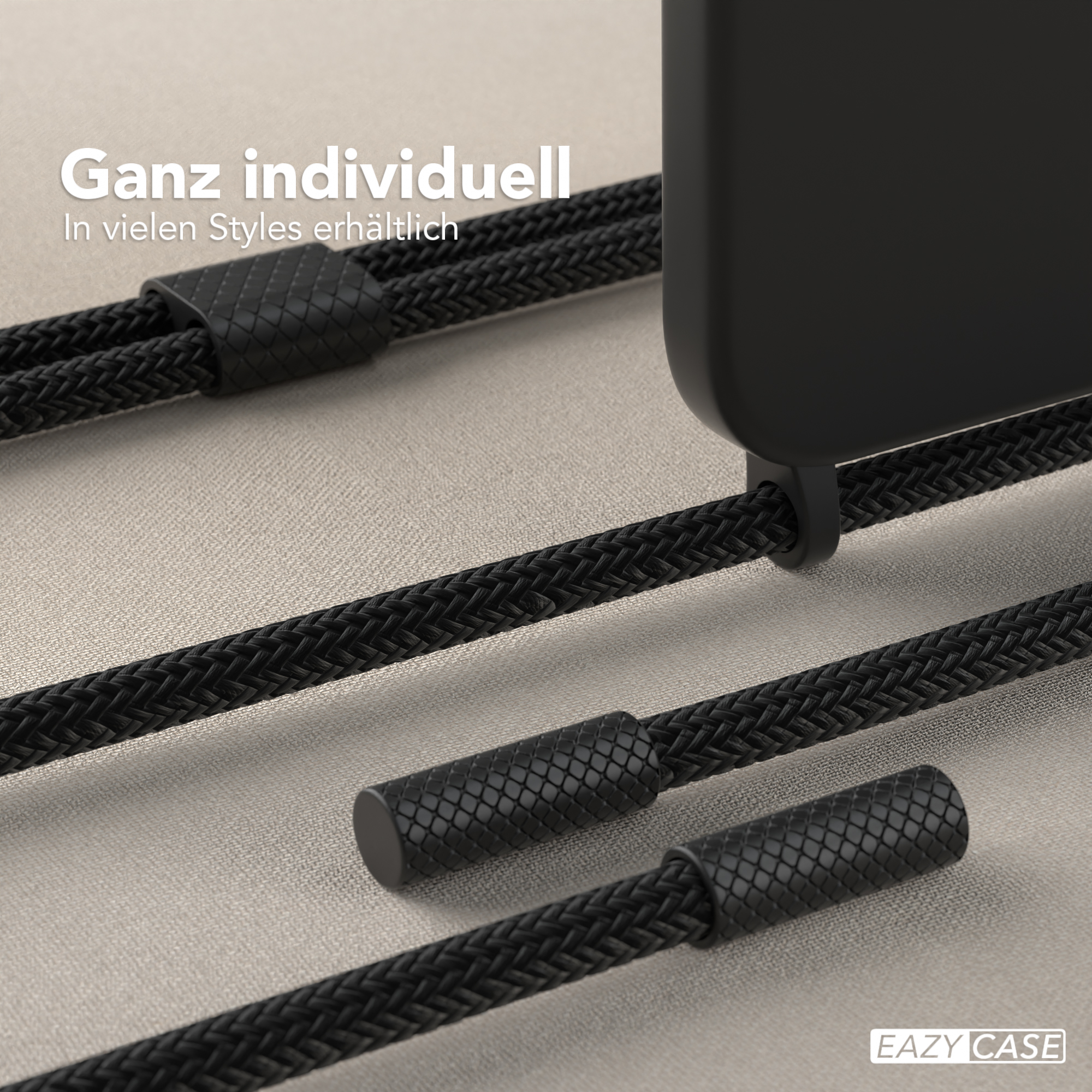 Schwarze Handyhülle mit geflochtenem schwarzen Kabel. Text: 'Ganz individuell. In vielen Styles erhältlich.'