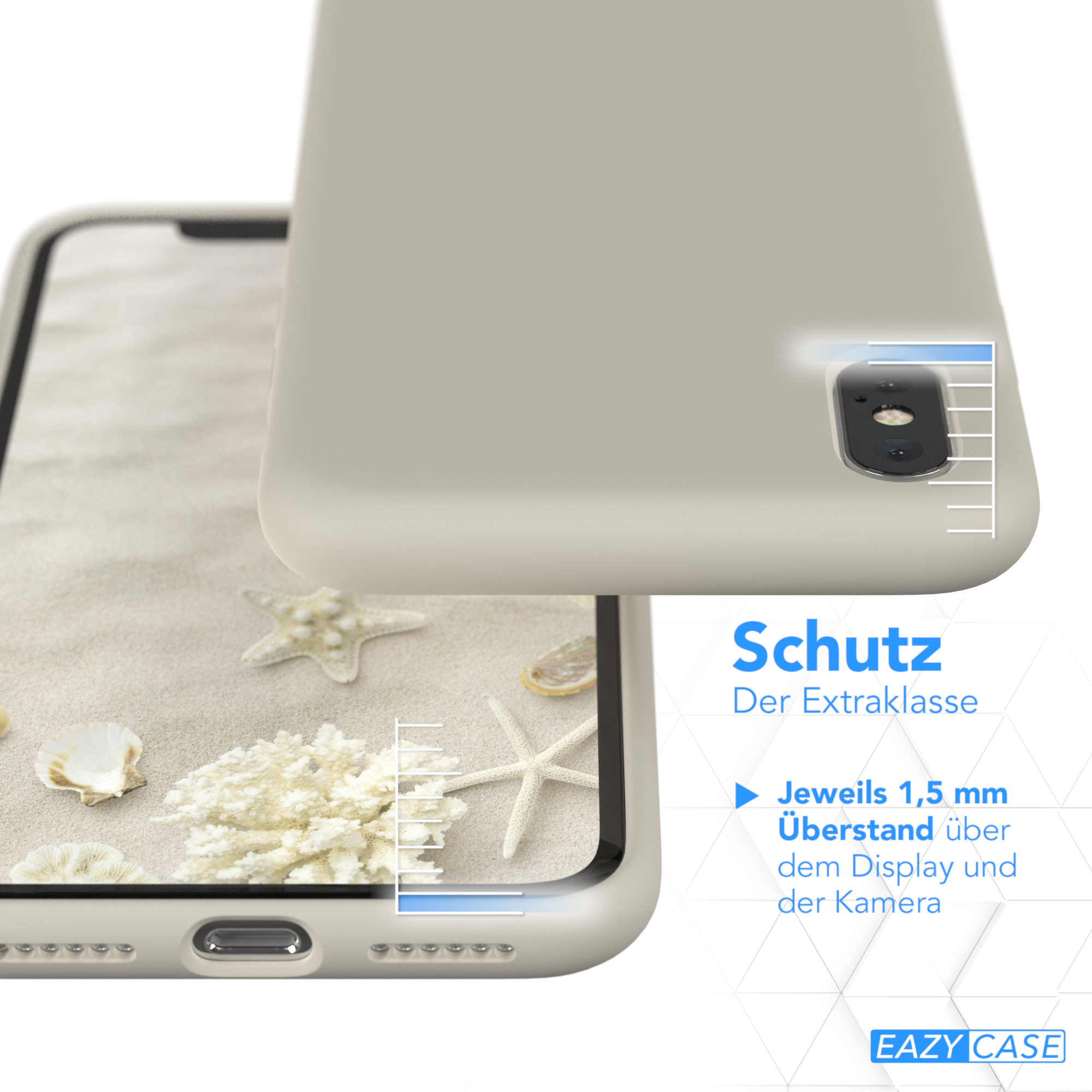 Handyhülle über einer Strandszene. Die Hülle hat einen Abstand von 1,5 mm zum Bildschirm und zur Kamera.
