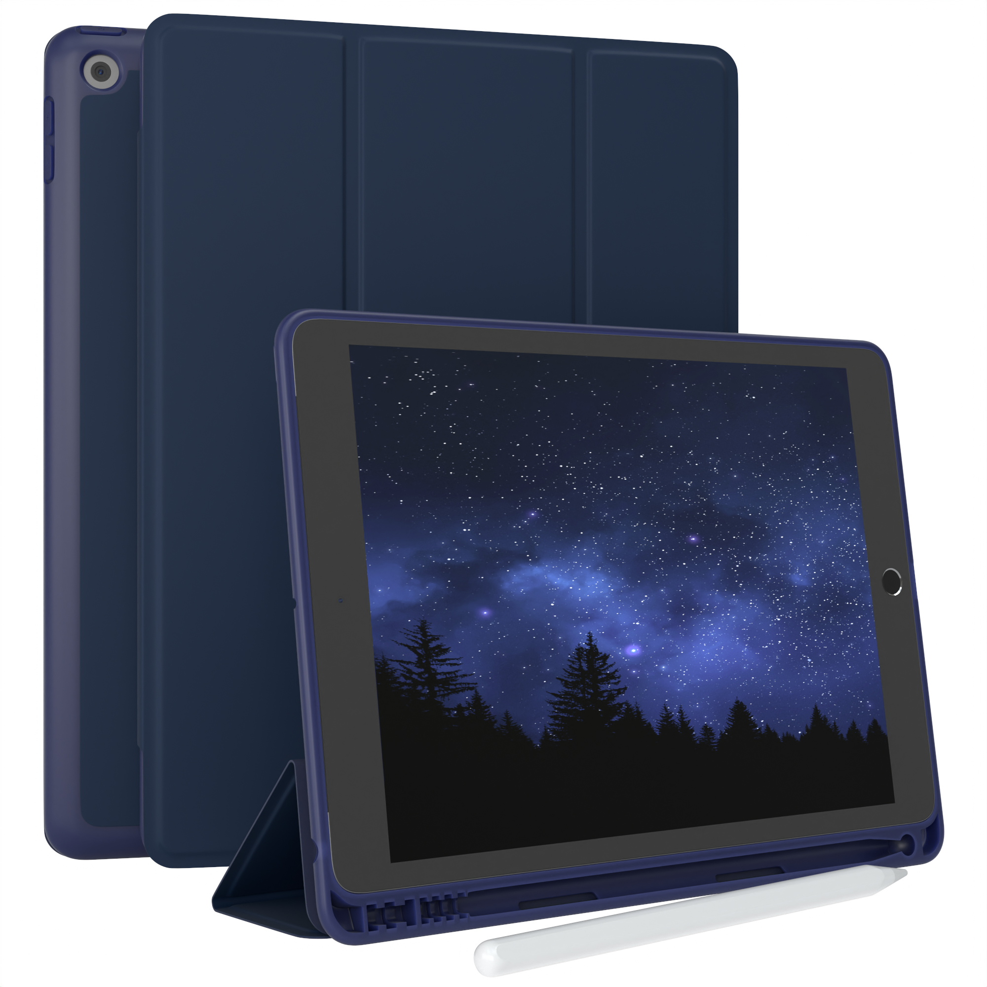 Dunkelblaue Tablethülle mit Tablet, das einen Nachthimmel und Bäume zeigt.