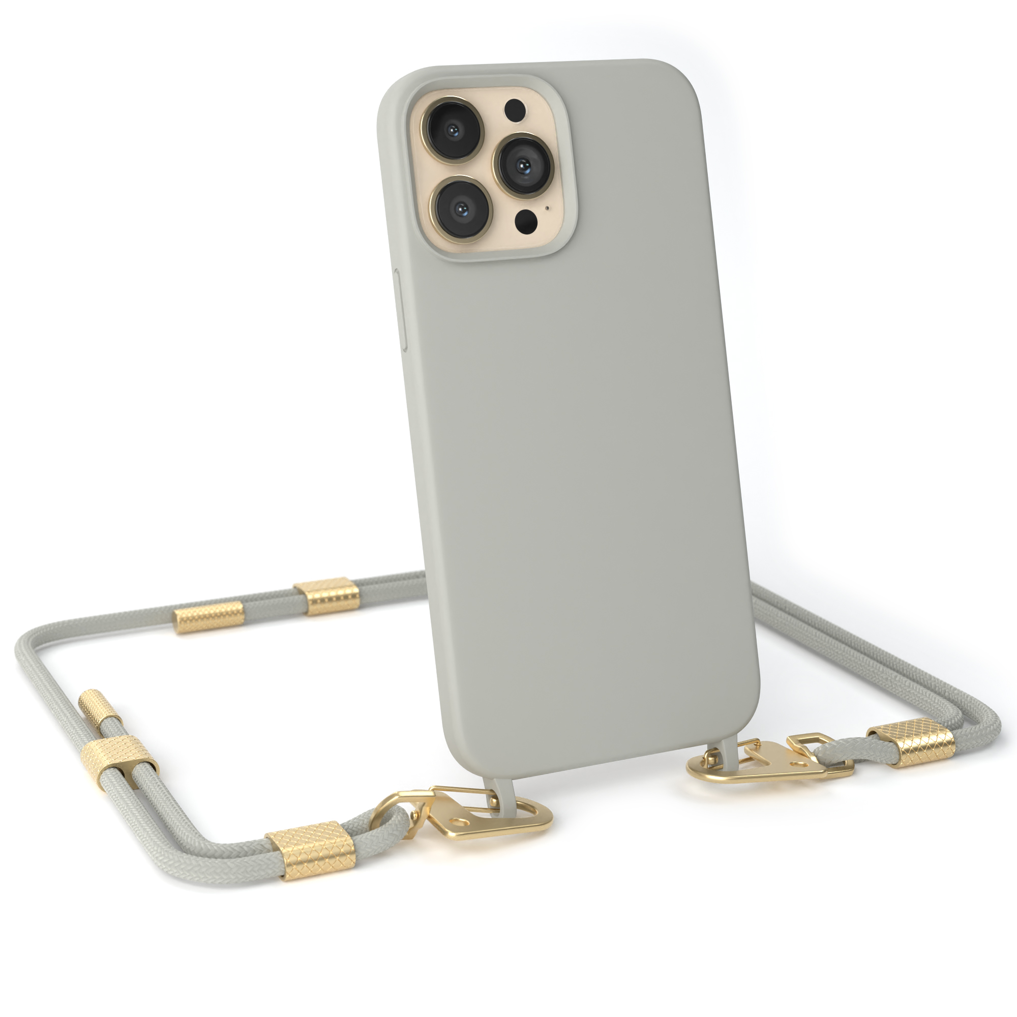 Apple, Max, CASE iPhone mit EAZY / Pro Handykette Runde Grau Taupe Umhängetasche, Beige Karabiner, 13