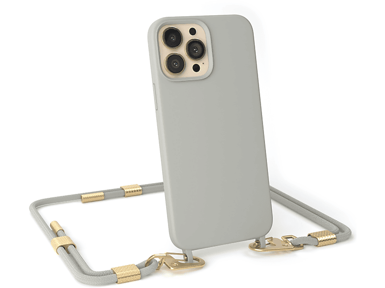 Apple, Max, CASE iPhone mit EAZY / Pro Handykette Runde Grau Taupe Umhängetasche, Beige Karabiner, 13