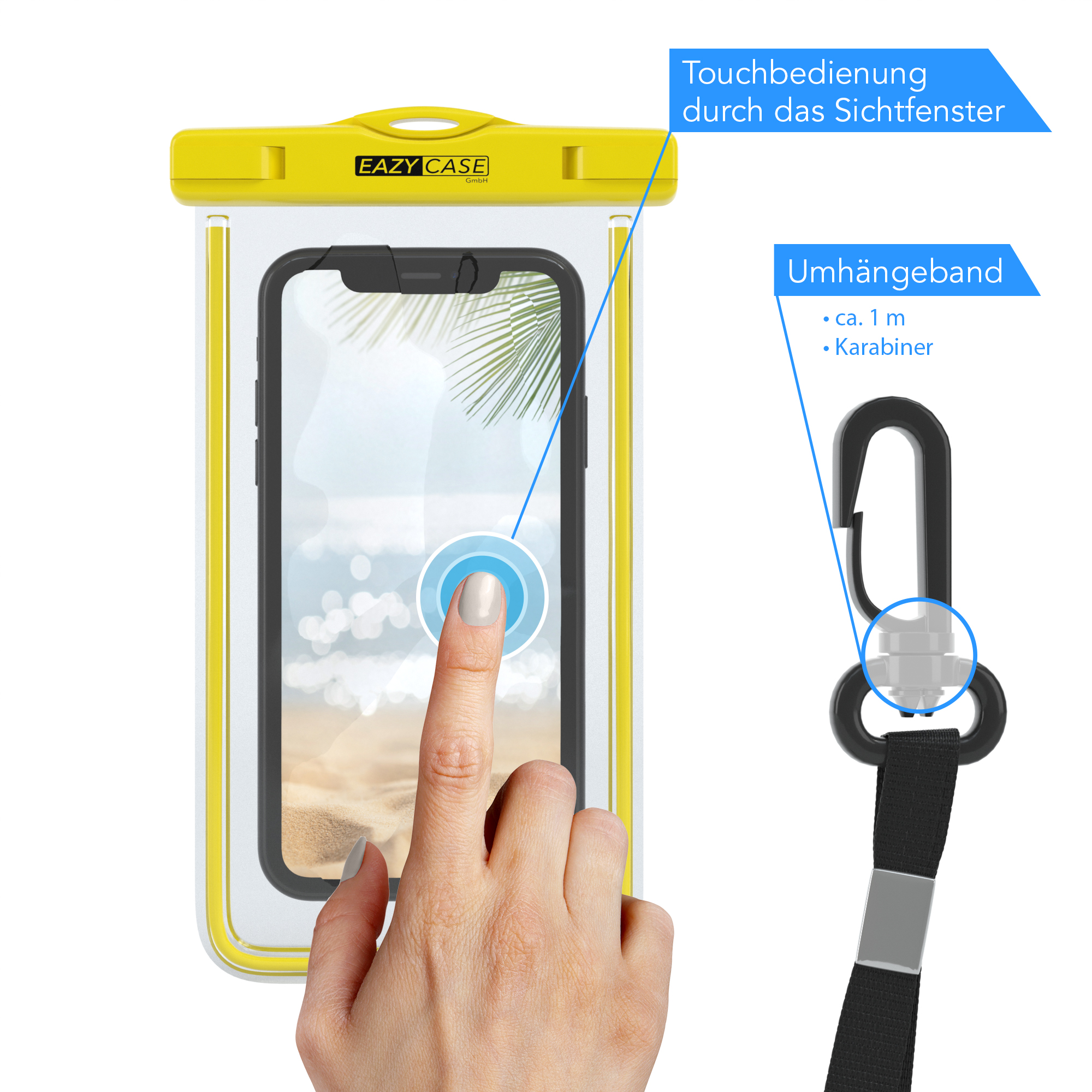 Hand berührt Telefonbildschirm in gelber wasserdichter Hülle. Umhängeband und Karabiner.