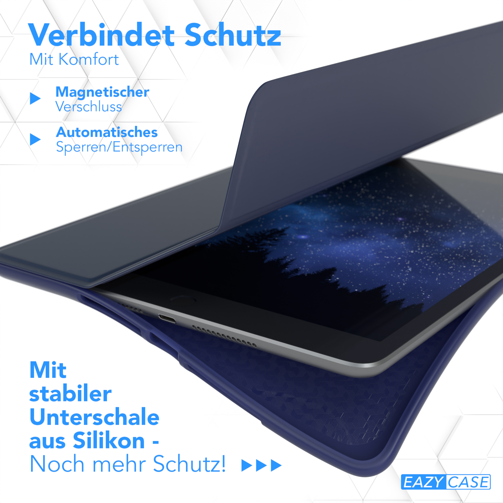 Blaue Tablet-Hülle, offen, zeigt das Tablet im Inneren. Text erwähnt Magnetverschluss und Schutz.