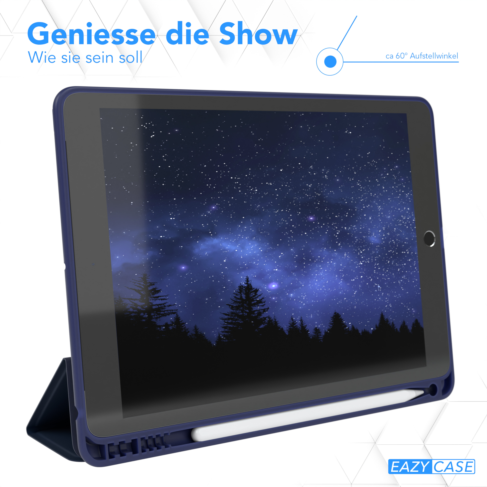 Tablet in einer dunkelblauen Hülle, das einen Sternenhimmel zeigt. Text: 'Geniesse die Show'.
