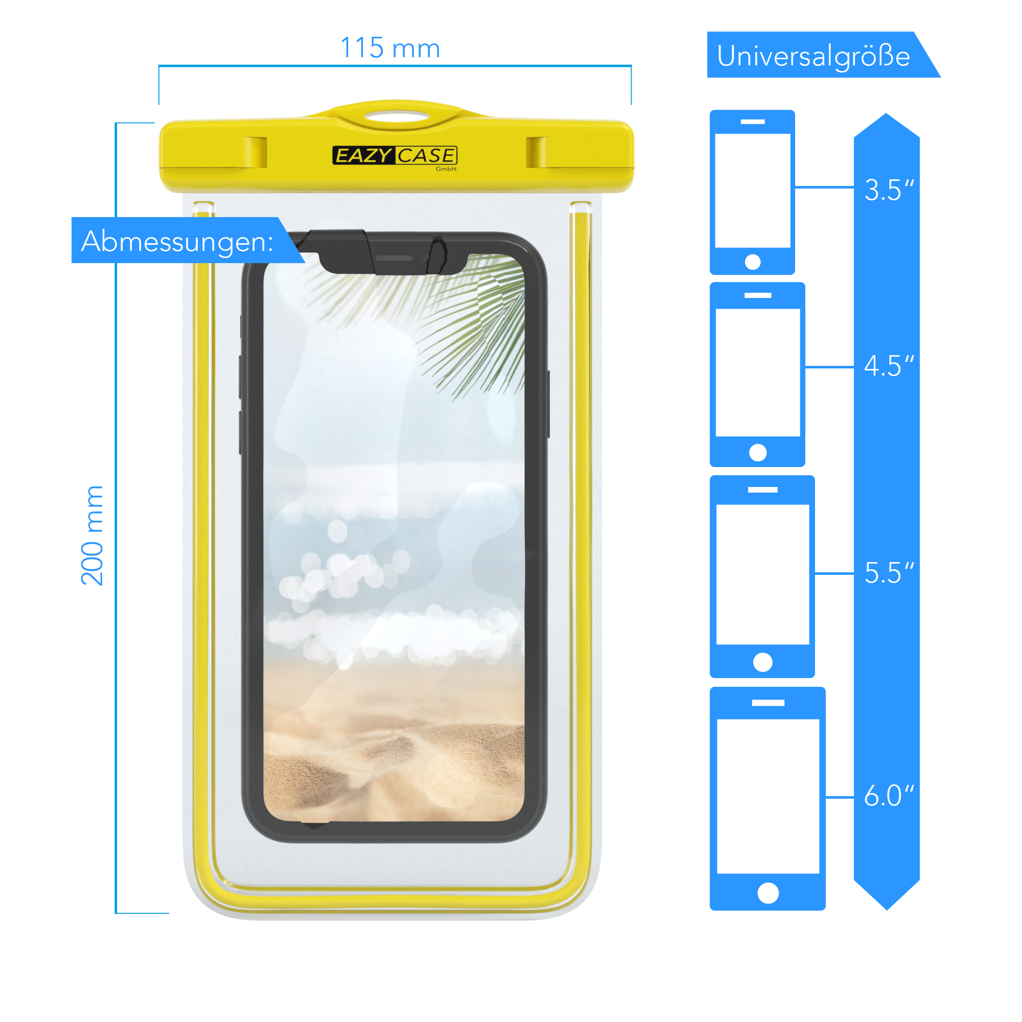 Eine wasserdichte Handyhülle mit Maßen. Zeigt die Größe verschiedener Telefonmodelle.