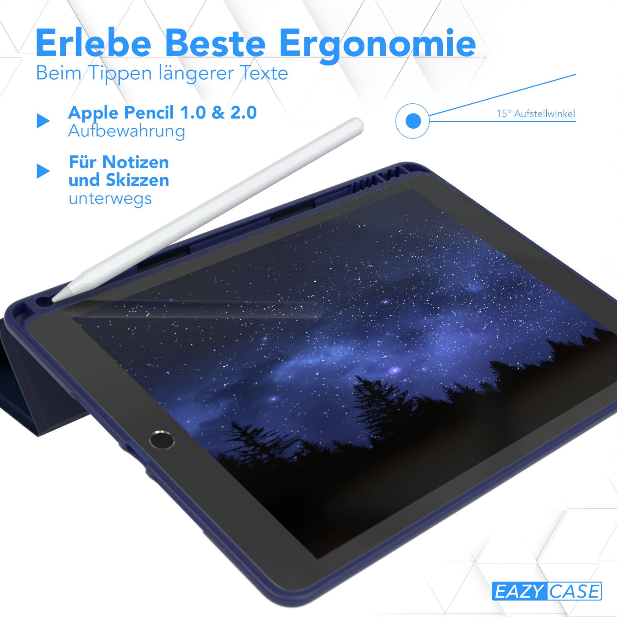 Ein Tablet mit Stift und Hülle. Der Bildschirm zeigt eine sternenklare Nachtszene.