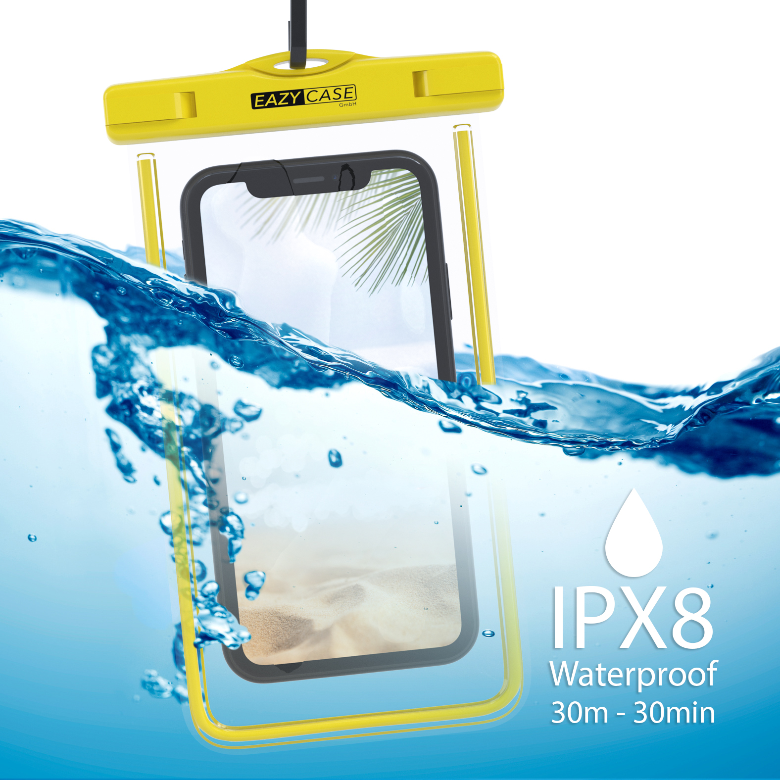 Ein Telefon befindet sich in einer gelben, wasserdichten Hülle, die in Wasser getaucht ist.