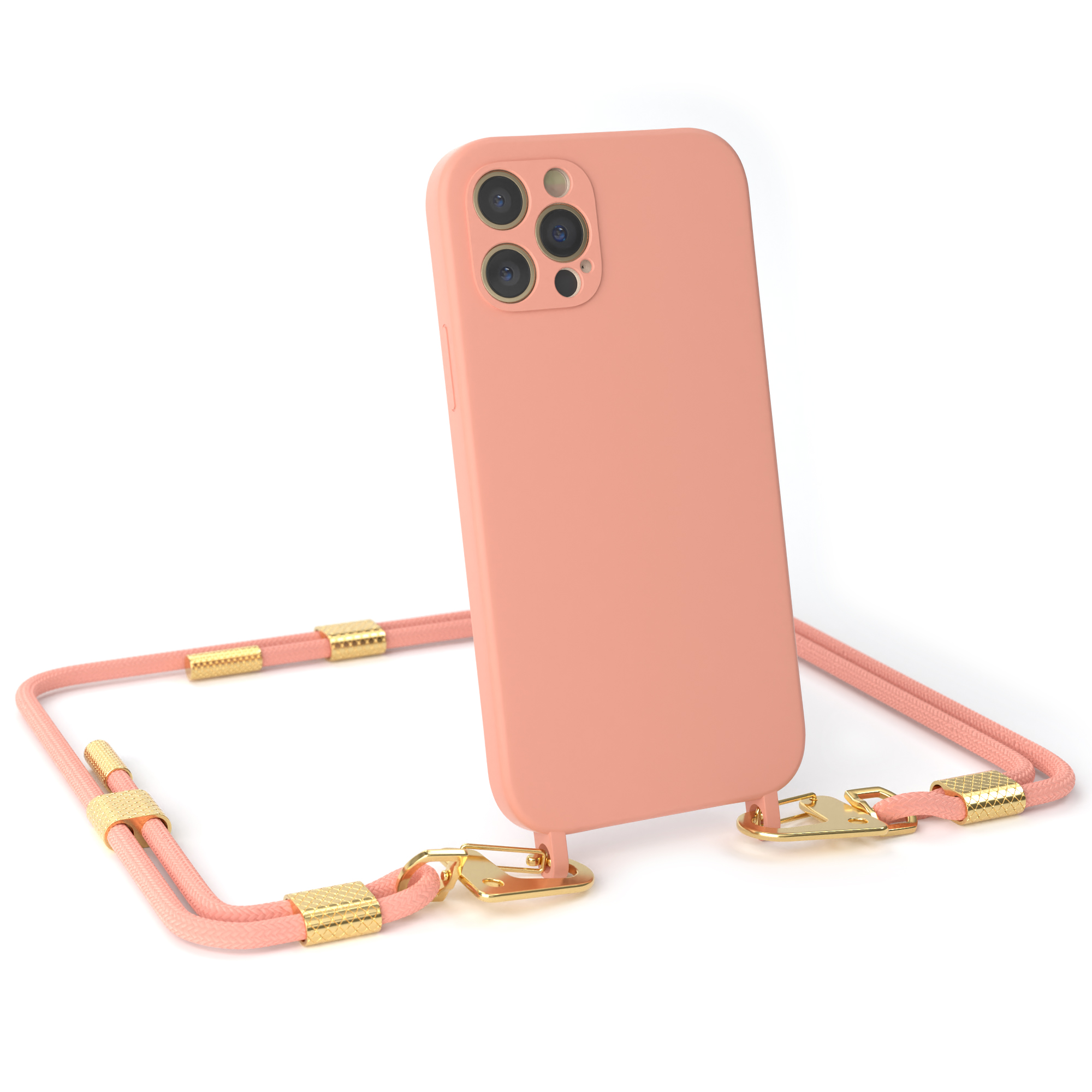 Korallenfarbene Handyhülle mit pinkfarbenem Umhängeband. Die Hülle hat einen goldenen Verschluss.