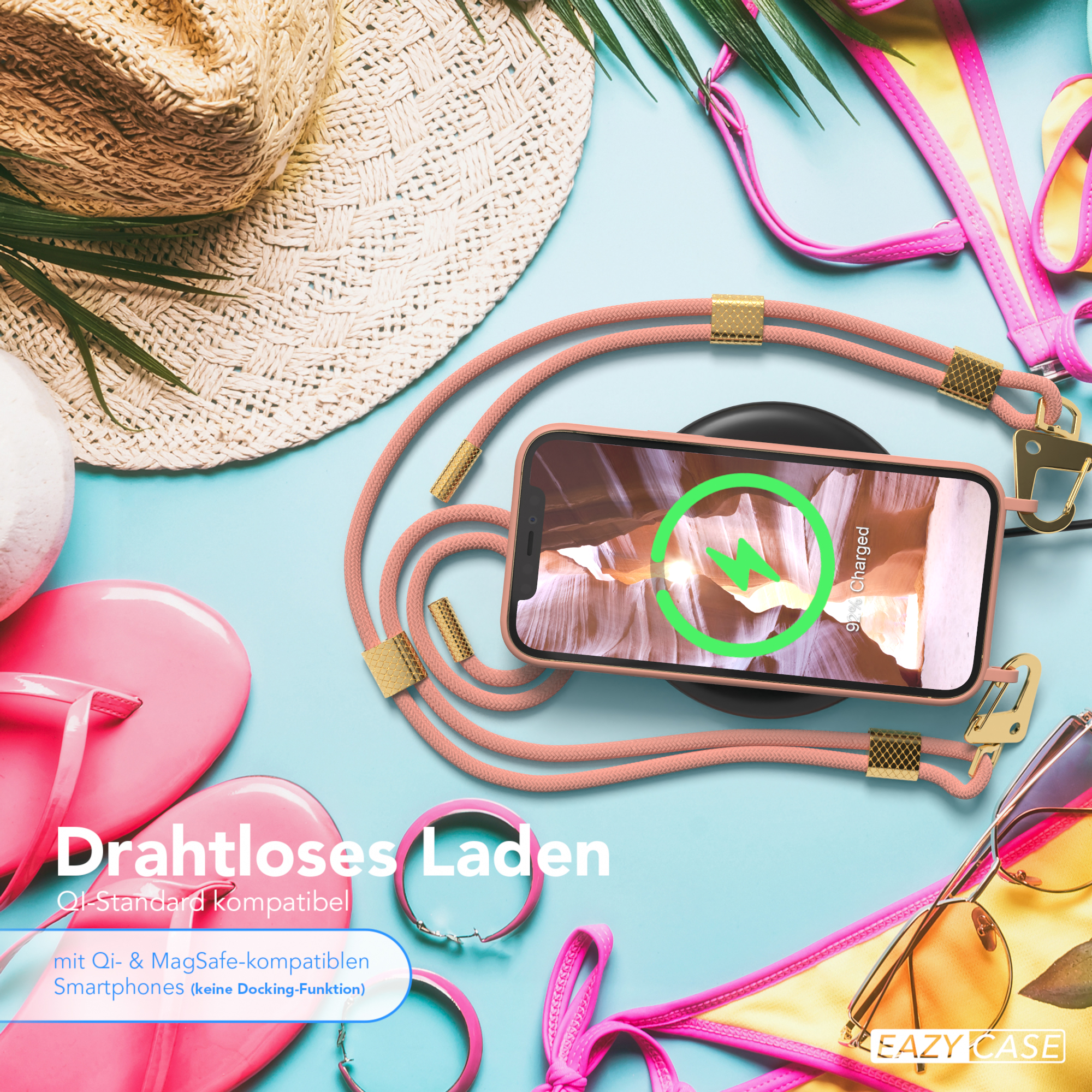 Telefon auf kabellosem Ladegerät, rosa Case und Gurt, Sonnenbrille, Sandalen.