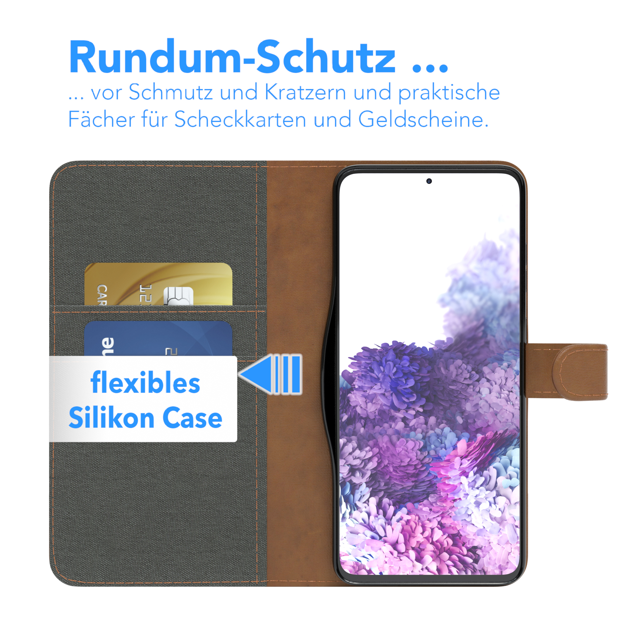 Eine Handyhülle mit braunem Lederbezug und Fächern für Karten und Geld.