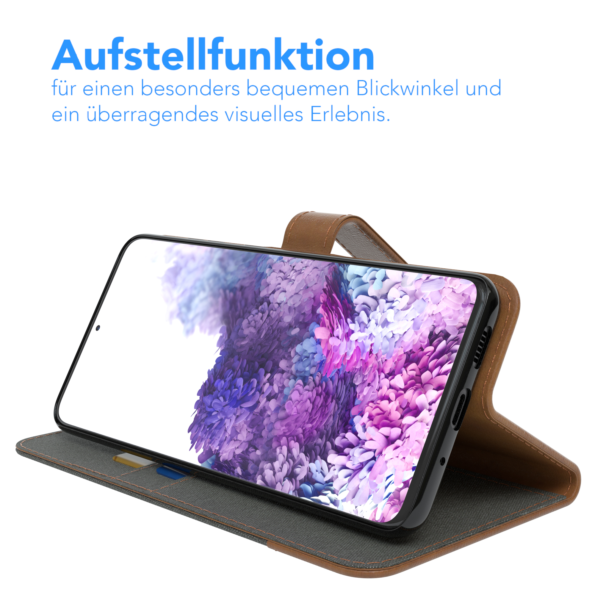 Telefon in brauner Hülle, zum Betrachten geneigt. Blaue und goldene Karte im Slot. Lila Bildschirm.