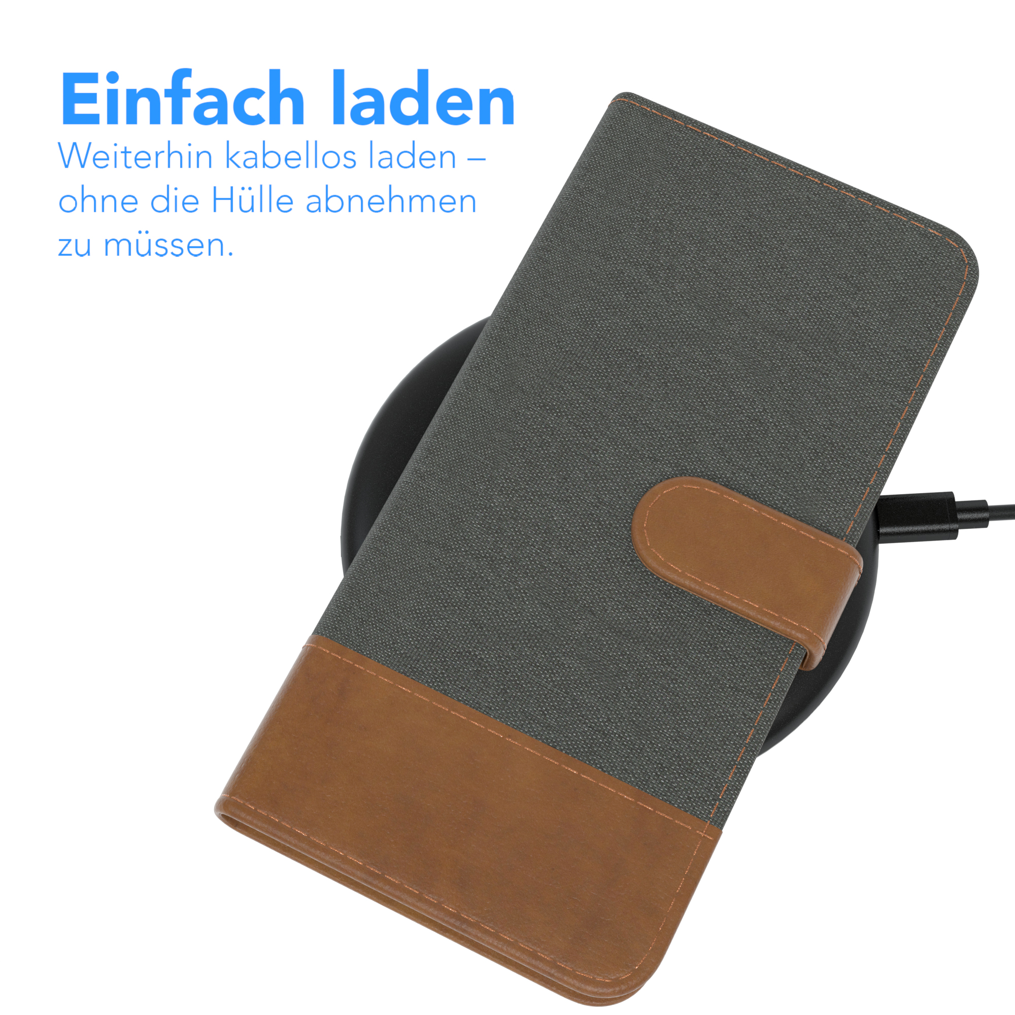Graue und braune Handyhülle auf einem kabellosen Ladegerät.