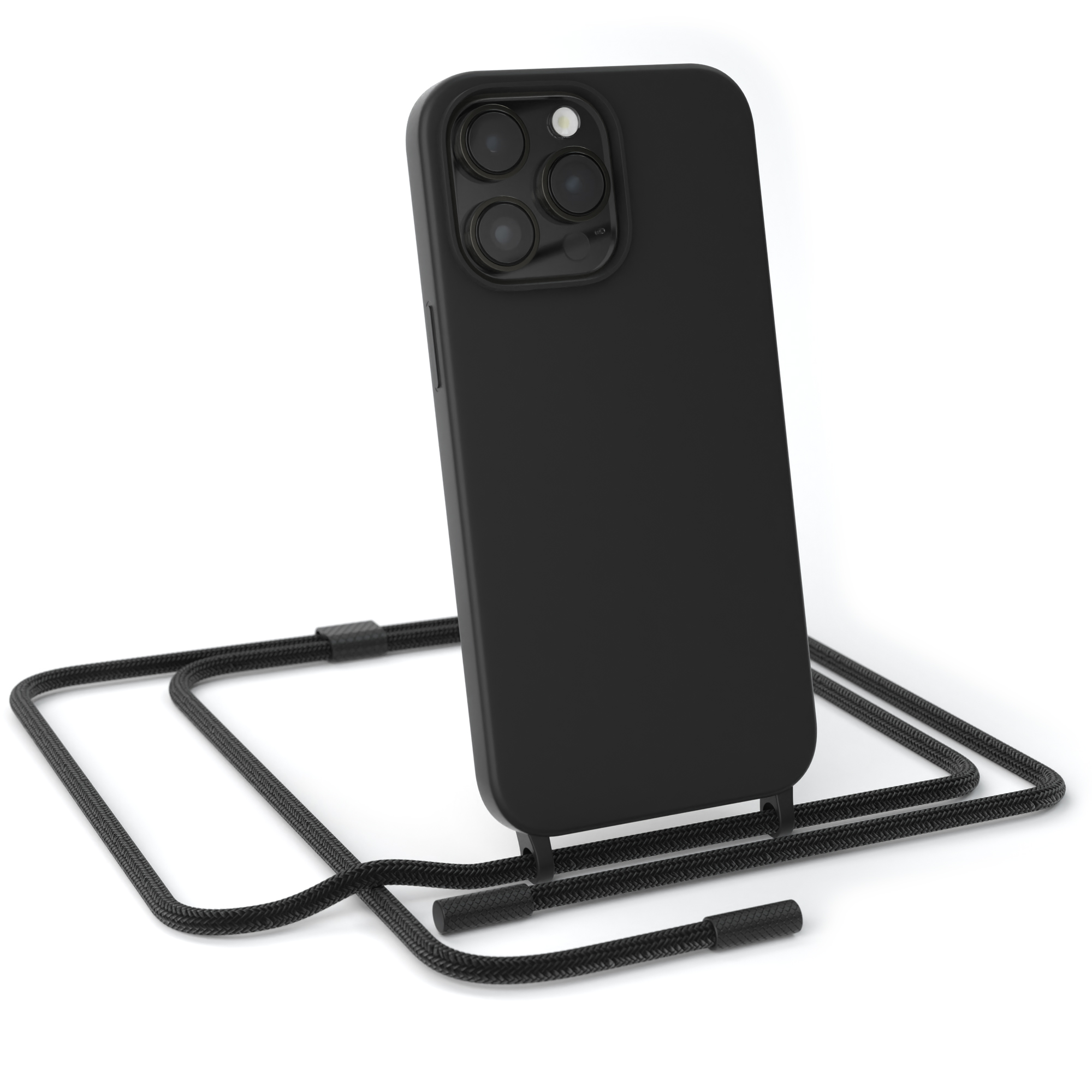 Schwarzes Telefon mit schwarzem Umhängeband, hängend. Das Telefon hat mehrere Kameras und ein schwarzes Gehäuse.
