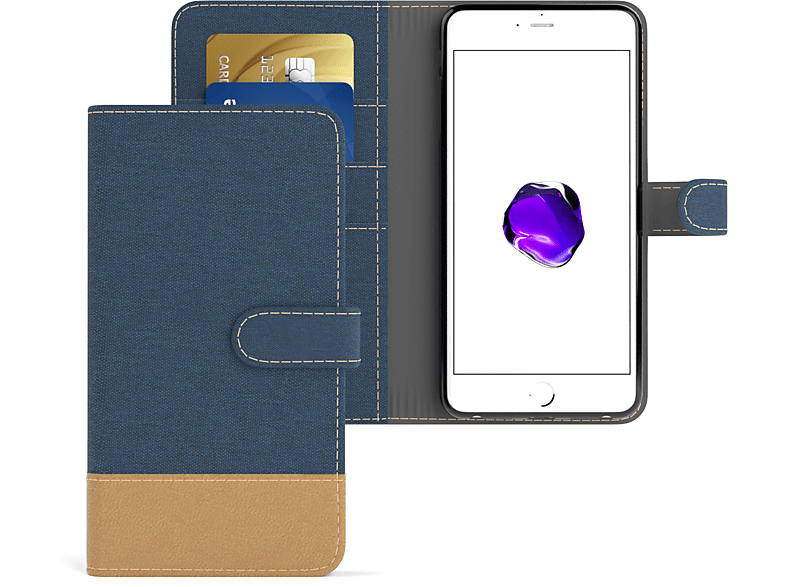 iPhone EAZY Plus, Klapphülle mit Blau Apple, Plus CASE Bookstyle Jeans Bookcover, 8 Kartenfach, / 7