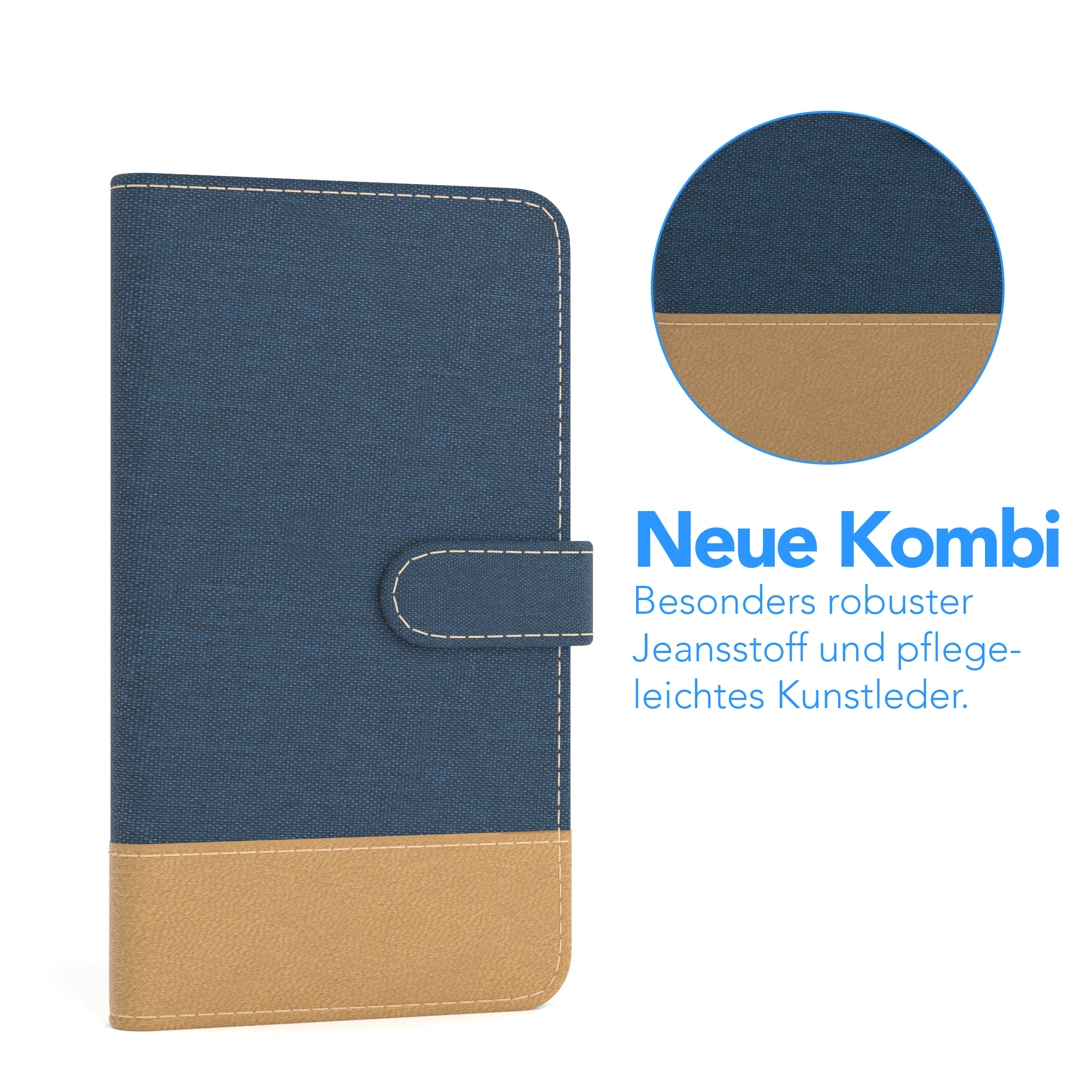 Blaue und beige Handyhülle mit Nähten. Die Hülle hat eine blaue Denim-Textur.