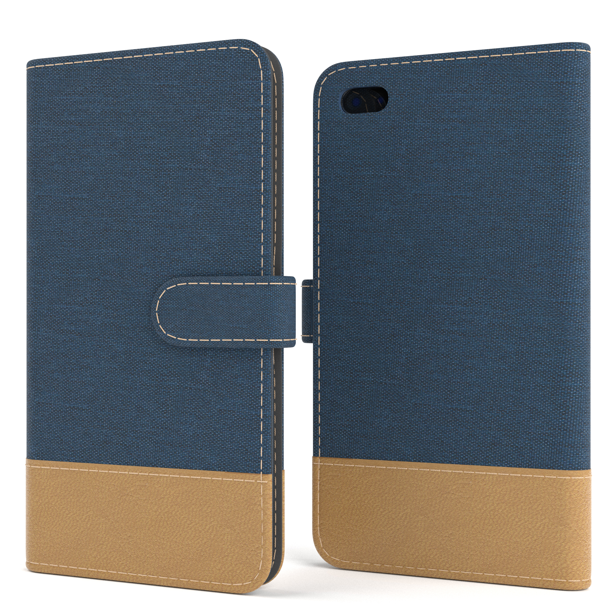 Eine Handyhülle, offen, mit einem blau-beigen Design.