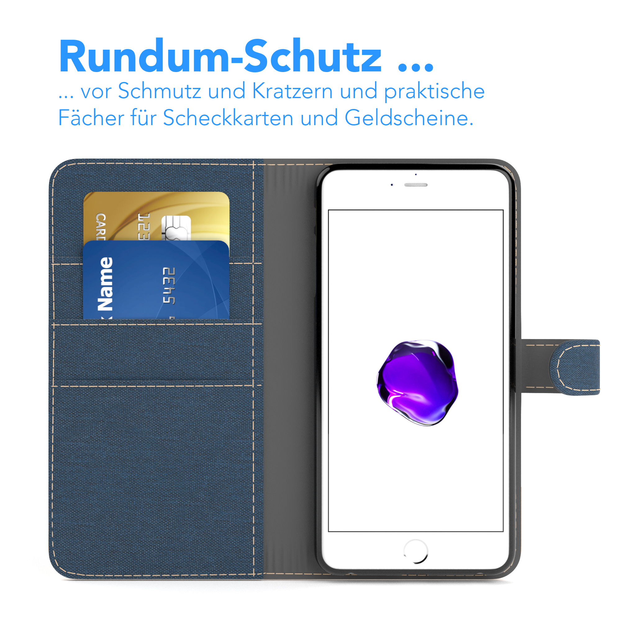 Geöffnete Handyhülle, die Kreditkarten und das Telefon zeigt. Text: Rundum-Schutz. Blaue und goldene Farbtöne.