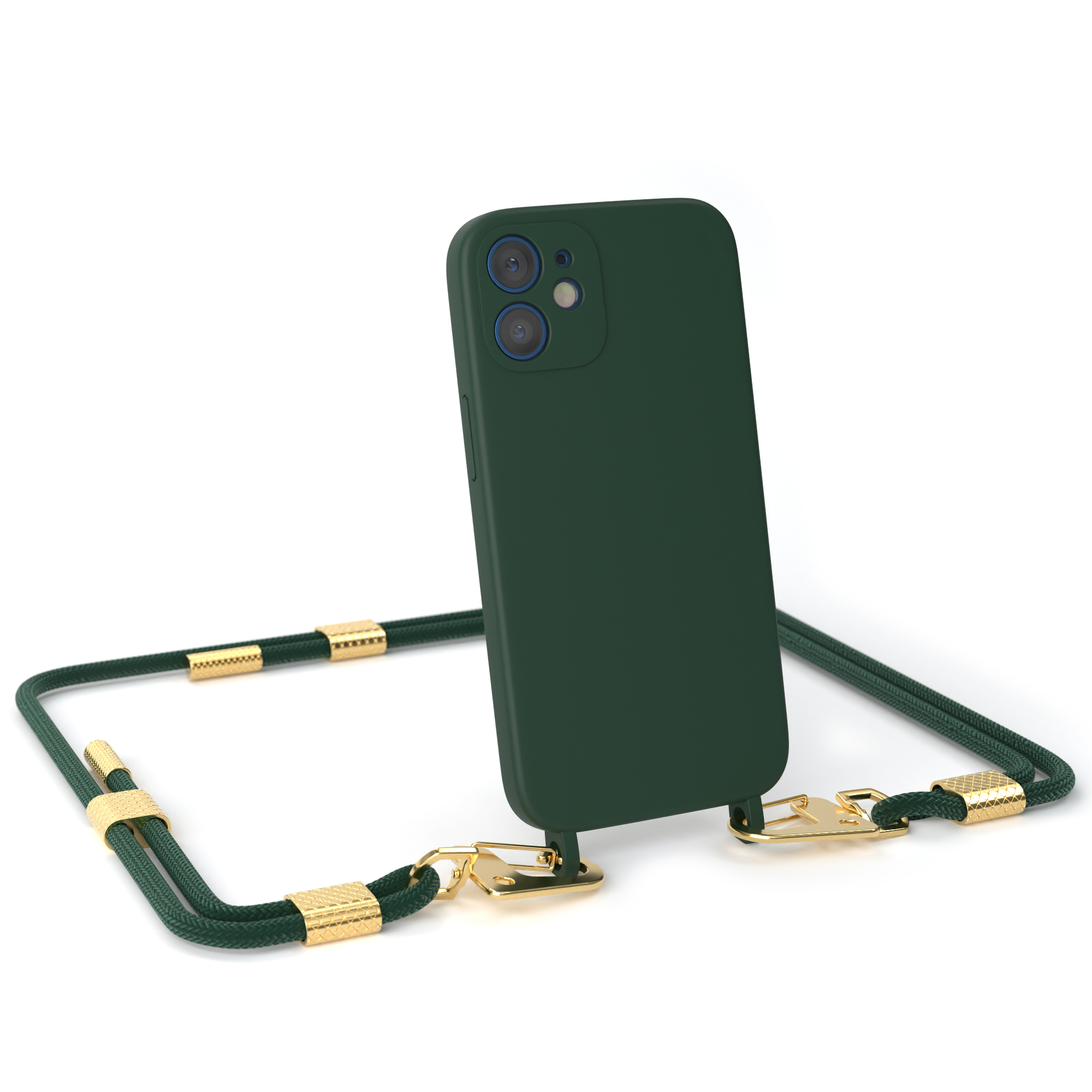 Eine dunkelgrüne Handyhülle mit dunkelgrünem Riemen und goldenen Akzenten, die ein Telefon hält.