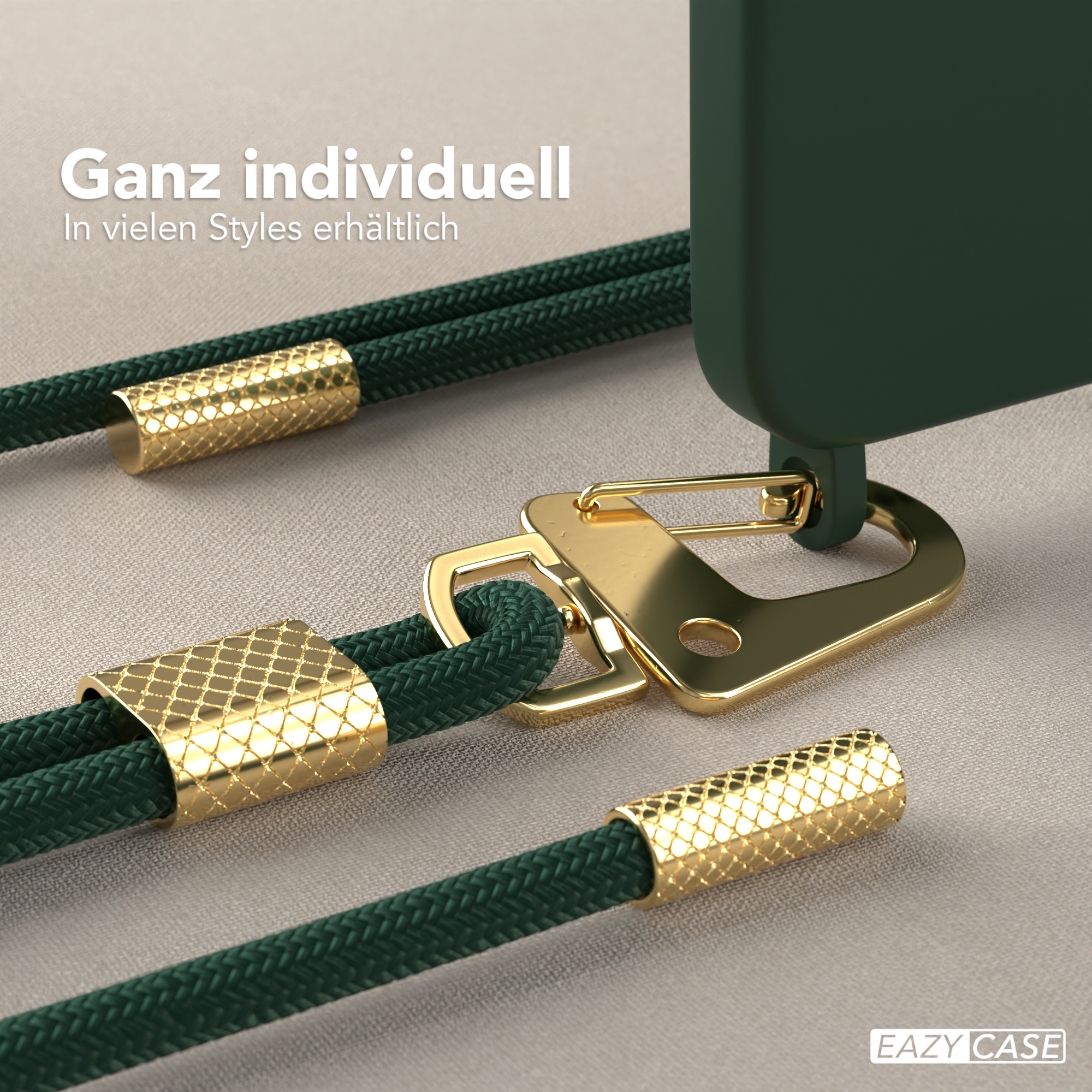 Grüne Handyhülle mit goldenen Akzenten und goldenem Verschluss. Text: Ganz individuell, in vielen Styles.