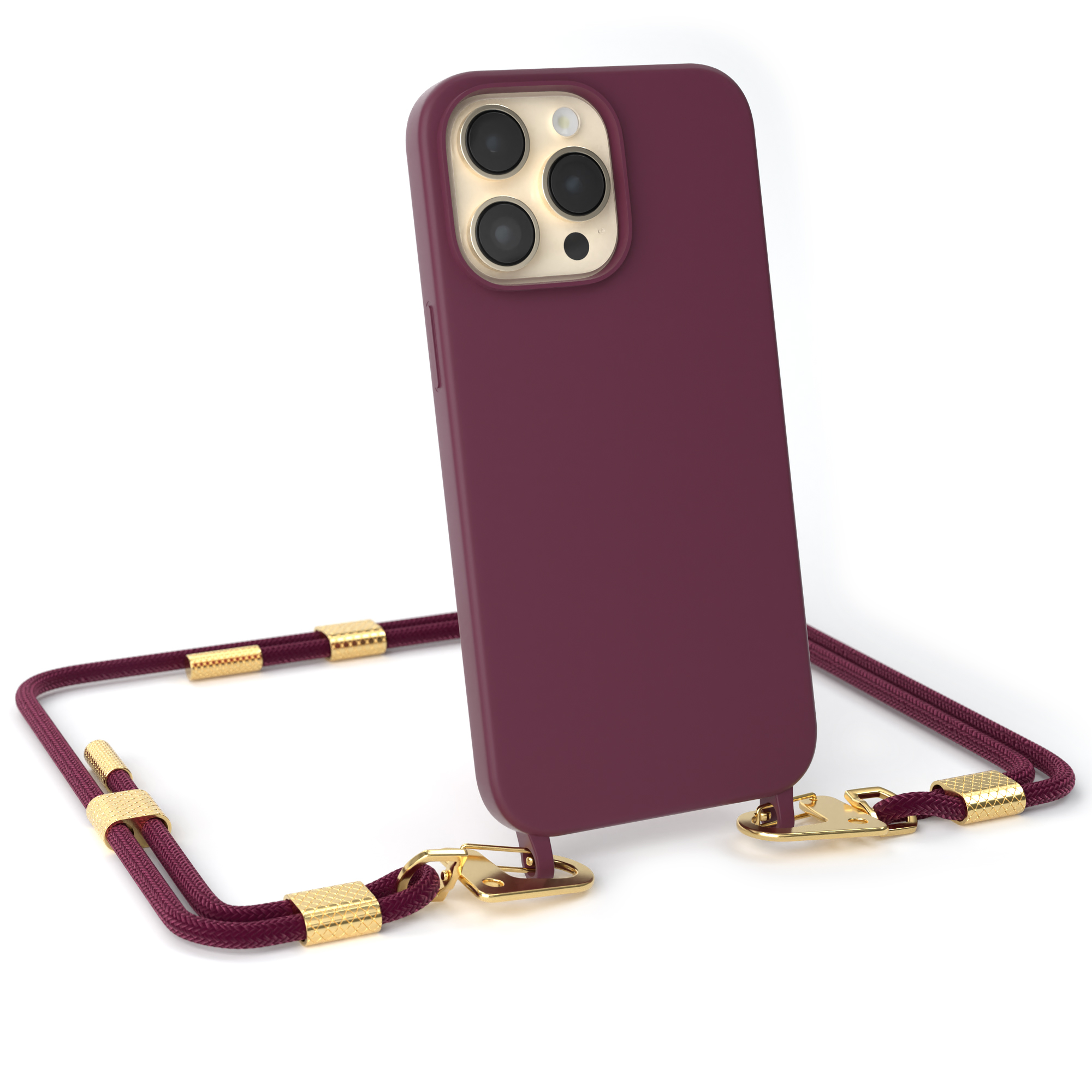 Handyhülle mit weinrotem Telefon und passendem Band.