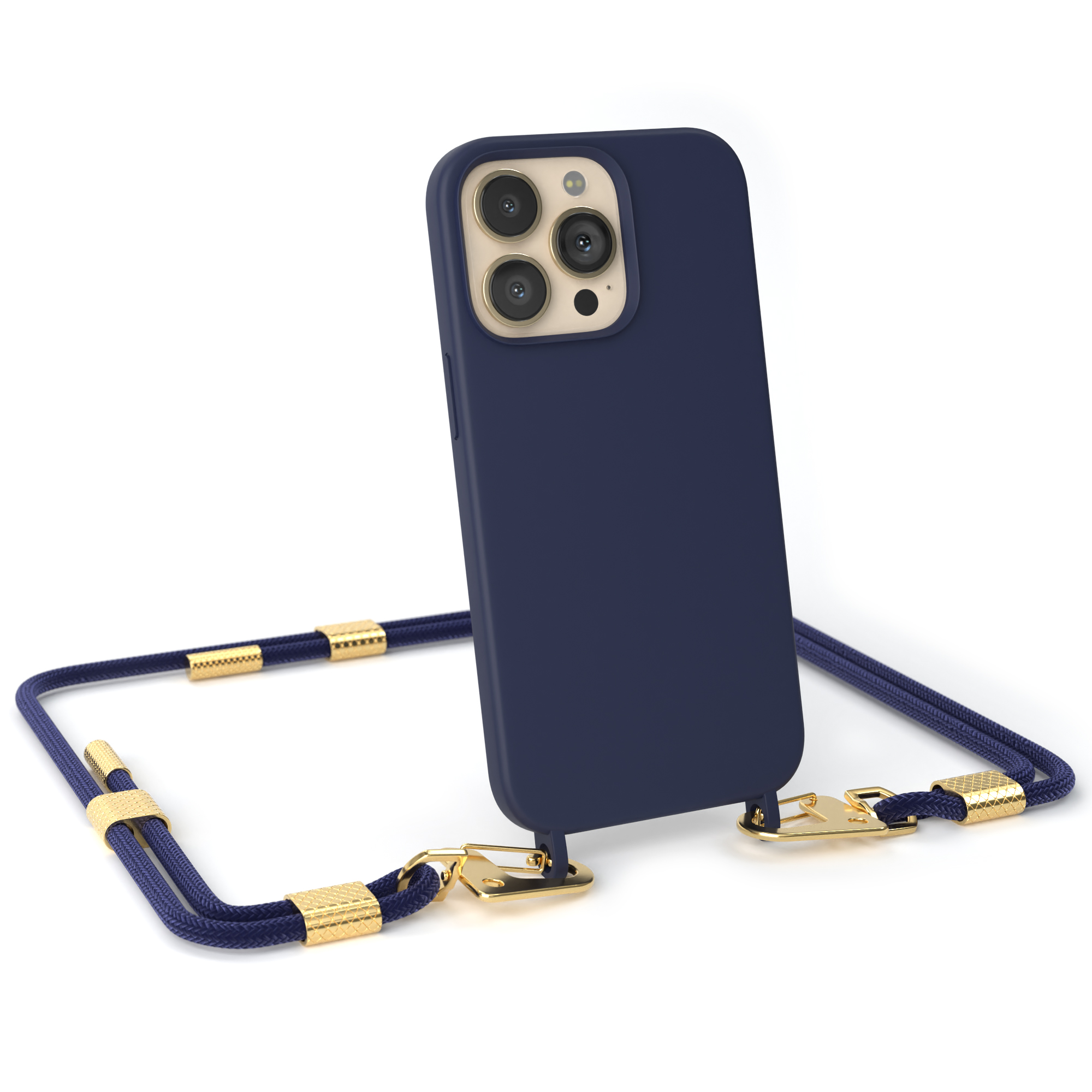 Handyhülle mit dunkelblauem Telefon und passendem Band.