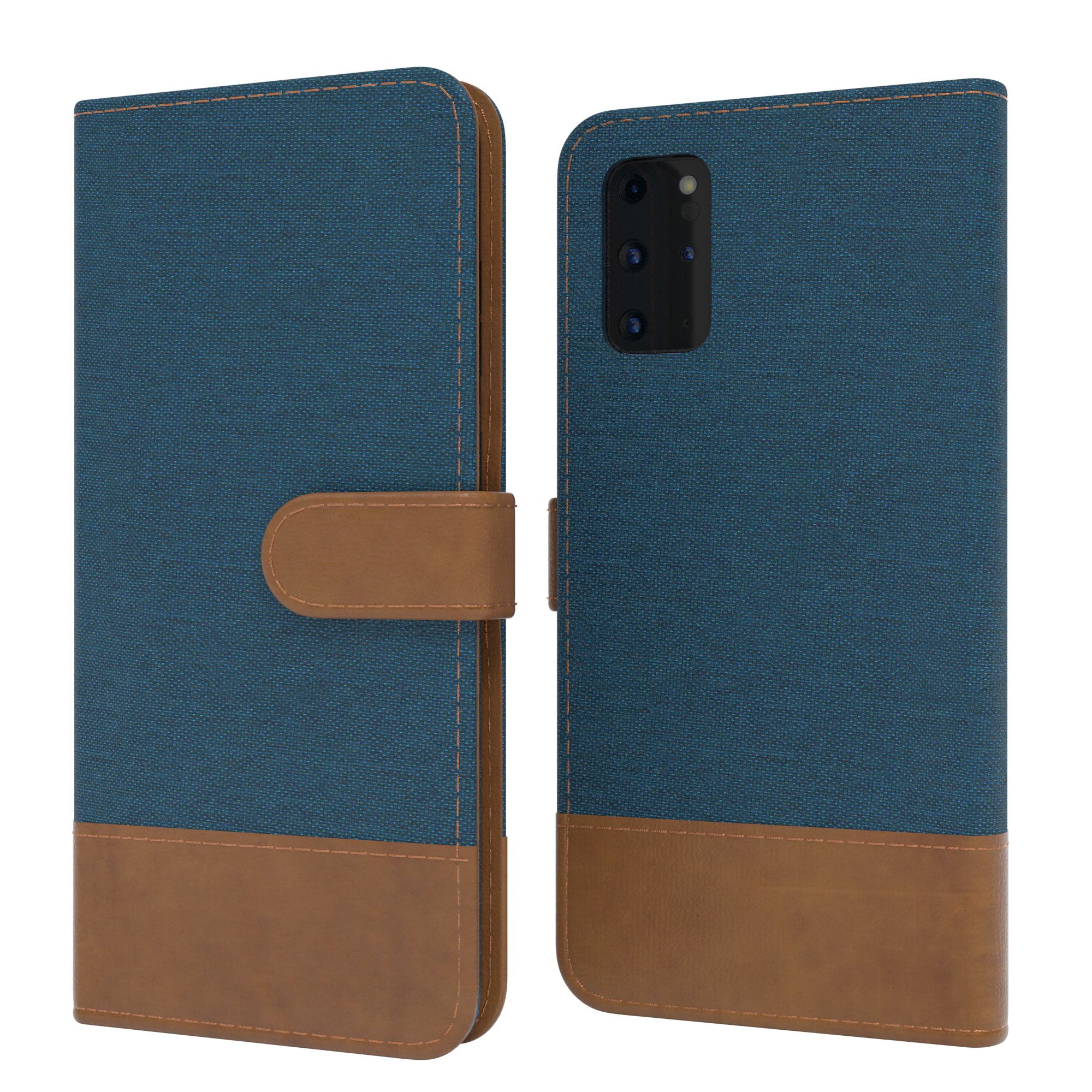 Blaue Handyhülle mit braunen Lederdetails, geöffnet und geschlossen. Die Hülle hat einen Knopfverschluss.