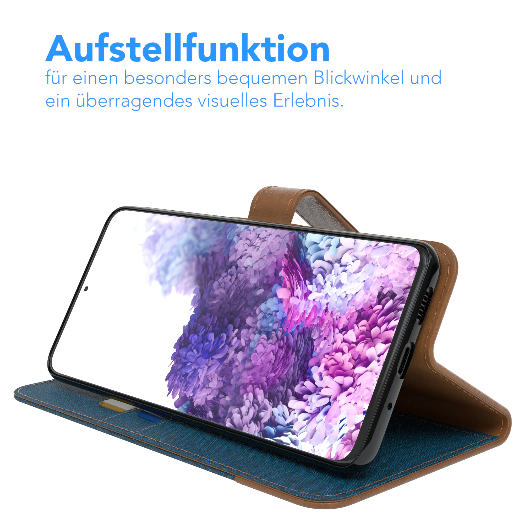 Telefon in einer braunen Lederhülle, geöffnet. Der Bildschirm zeigt einen lila-weißen Hintergrund.