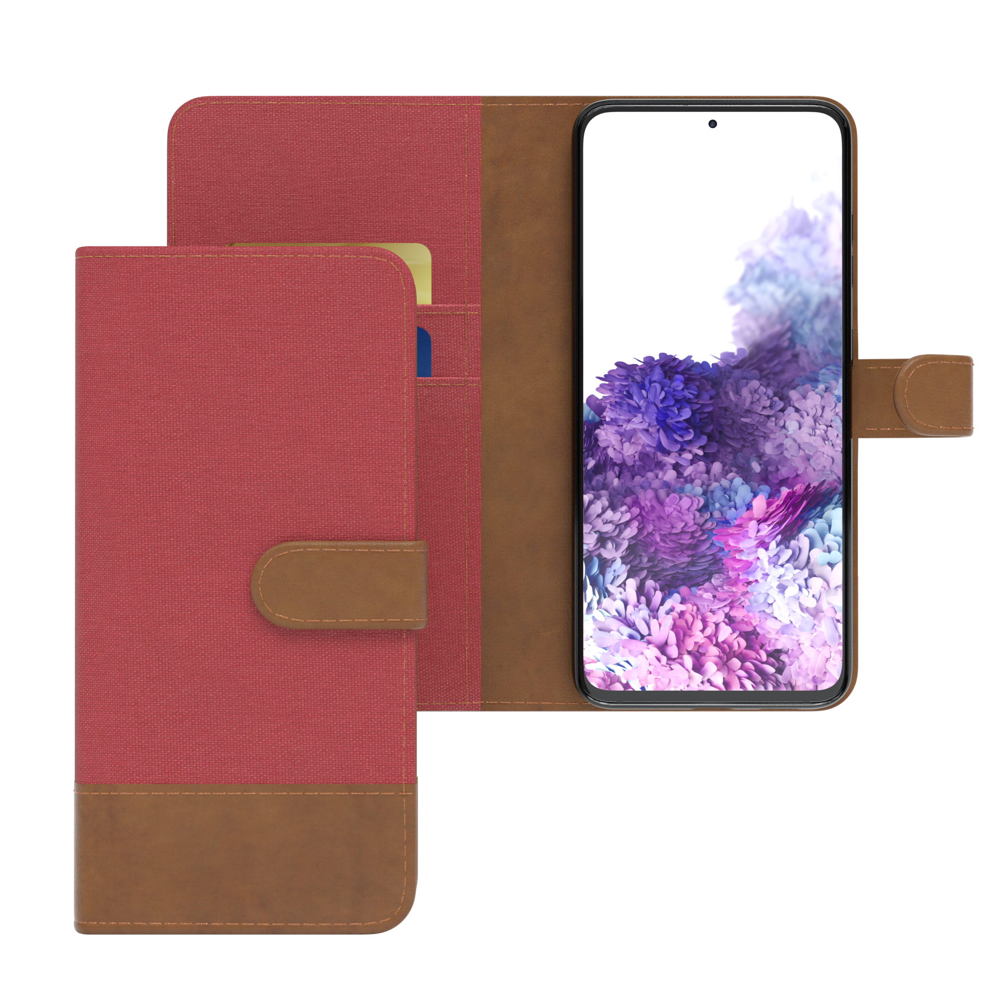 Rote Handyhülle offen mit Telefon mit lila Blumen und Karte. Braun und rotes Leder.