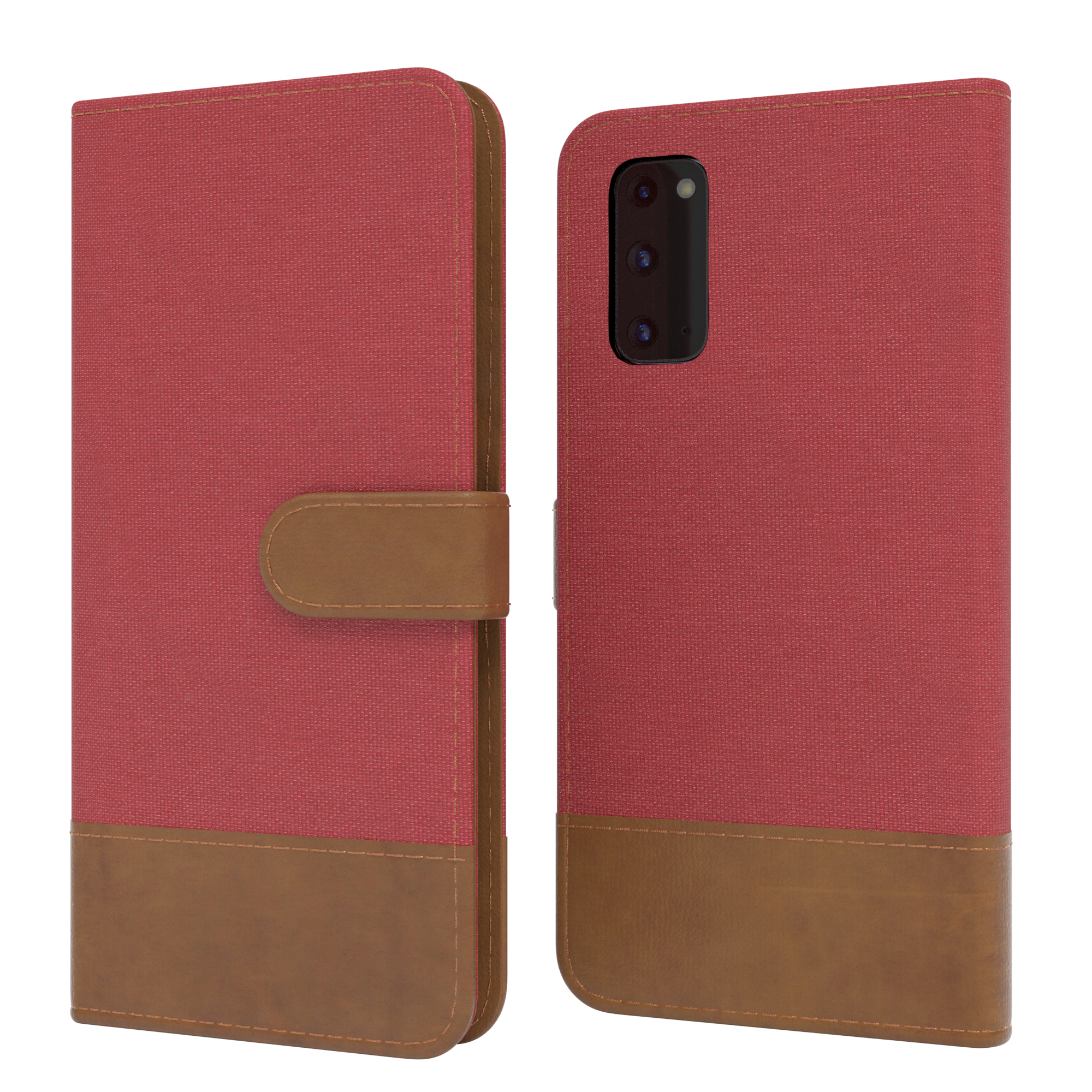 Rote Handyhülle, geöffnet und geschlossen. Brauner Lederboden. Text: Handyhüllenprodukt.